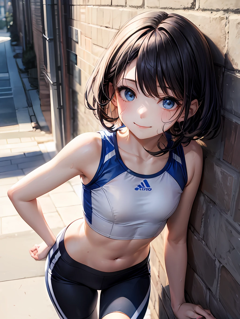 beste-Qualit、1人の女の子、black-haired、Shorthair、Inner curl、sweating through、Blue eyes、light-skinned、a small face、Smiling smile、White land uniform、tetas grandes、Emphasis on the chest、Navel Ejection、Constriction、beauty legs、Short black pants、Running shoes、early evening、gloomy lighting、Leaning against the wall、Having sports drinks、No people、View here、Angle from diagonally above、Background blur
