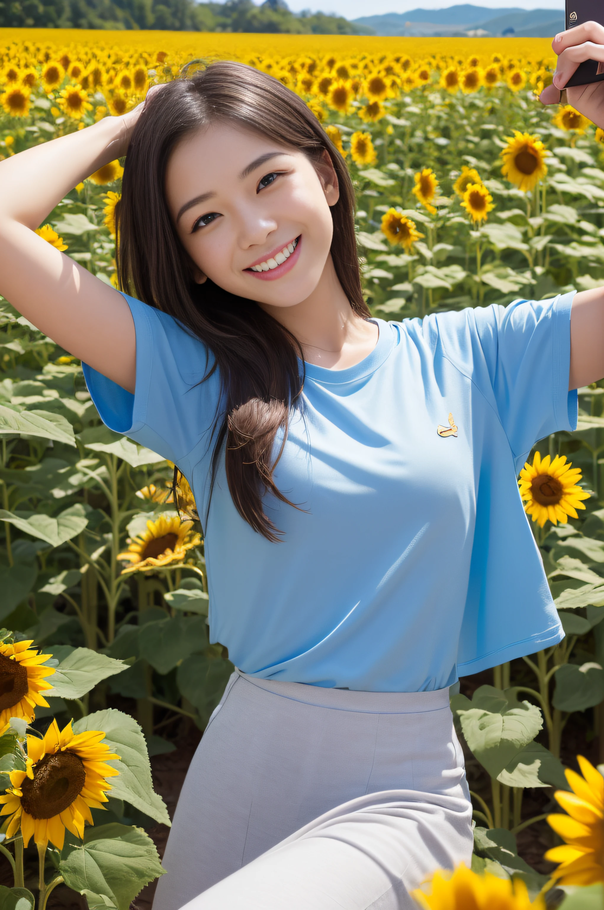 (шедевр、beste-Qualit:1.2)、ultra hyper-detailed、lighting like a movie、((1 beutiful girl))、a smile、body complet、shirts、summer vacation、a country road、Selfie in the sunflower field、Smartphone、135mm f/1.8、Dynamic Poses、Dynamic angles