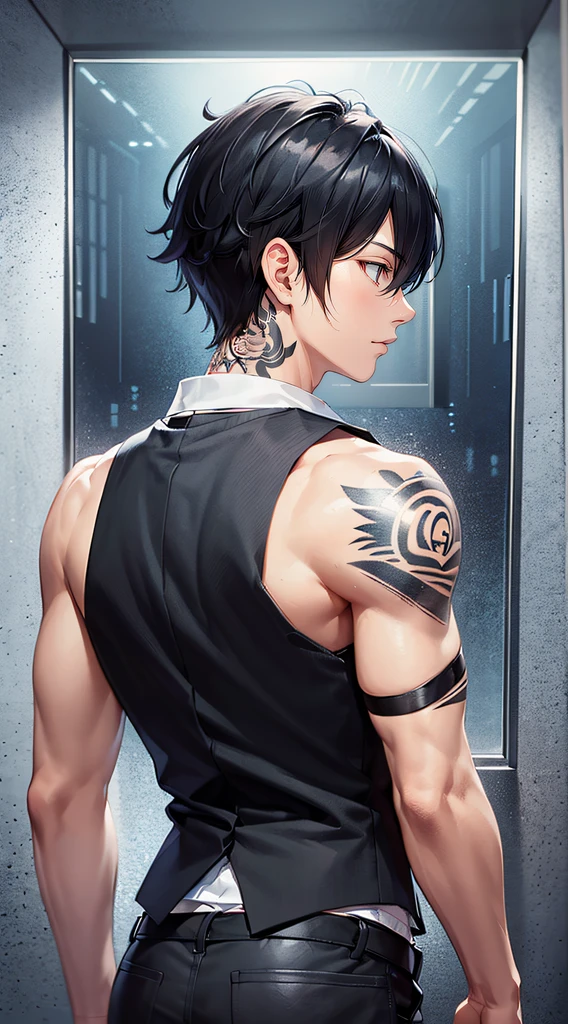 Master masterpiece、best of quality、8K、16 years old male、black very short hair、( vests:1.3)、Tattoos on the shoulder and back