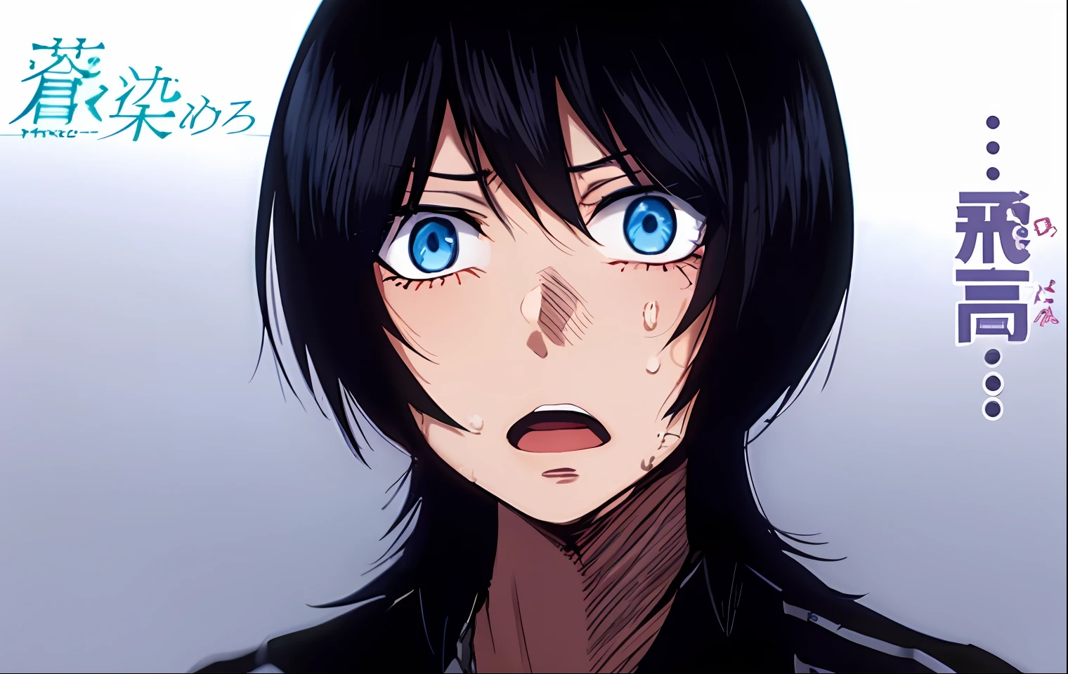 a anime of a girl close up with short hair and looking viewer, blue eyes, jacket, black hair, open mouth, sweat, shocked, color manga, manga color, color manga, color manga panel, simple background, a white background