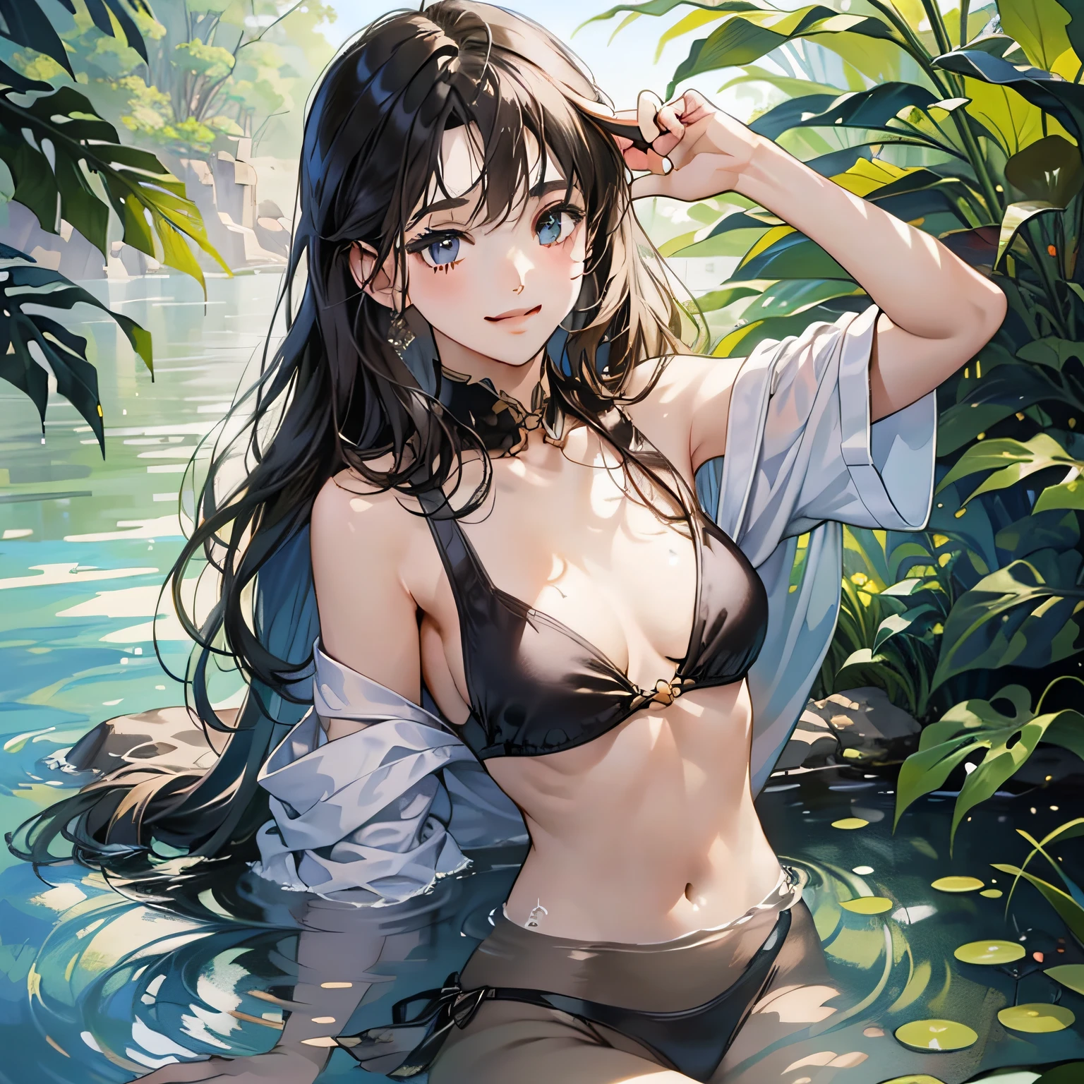 (Master masterpiece、beste-Qualit、beste-Qualit、Official art、Beautiful and aesthetic:1.2),Girl in a swimsuit, Summer, Water droplets,细致背景、Nature、Arm up、Smiles、cute-cute、Mysterious、mysterious background、chee、Shy face、small tits、A slender、