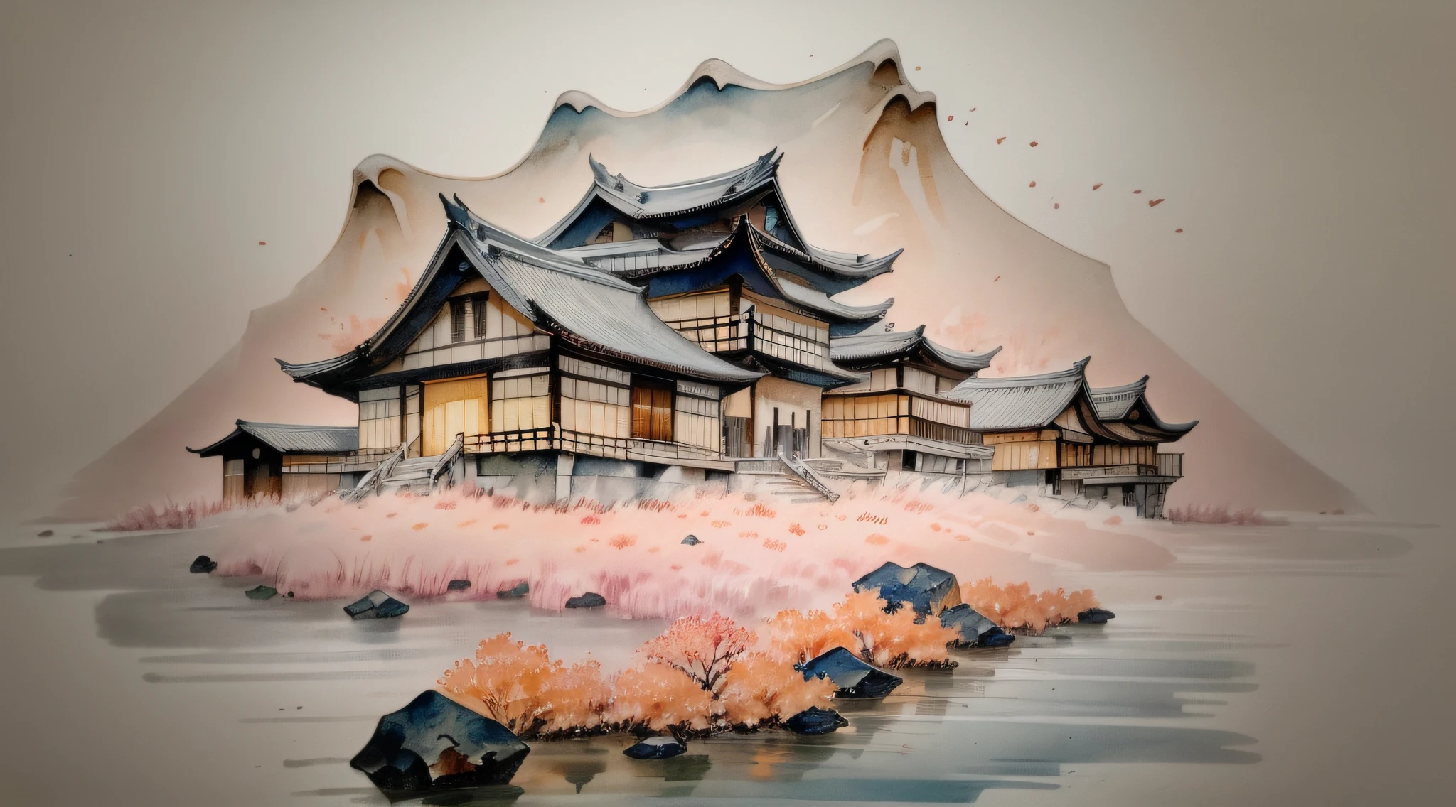 ink wash painting of a japanese village near a mountain, lakeside, dmt art style (masterpiece) (ink wash painting)