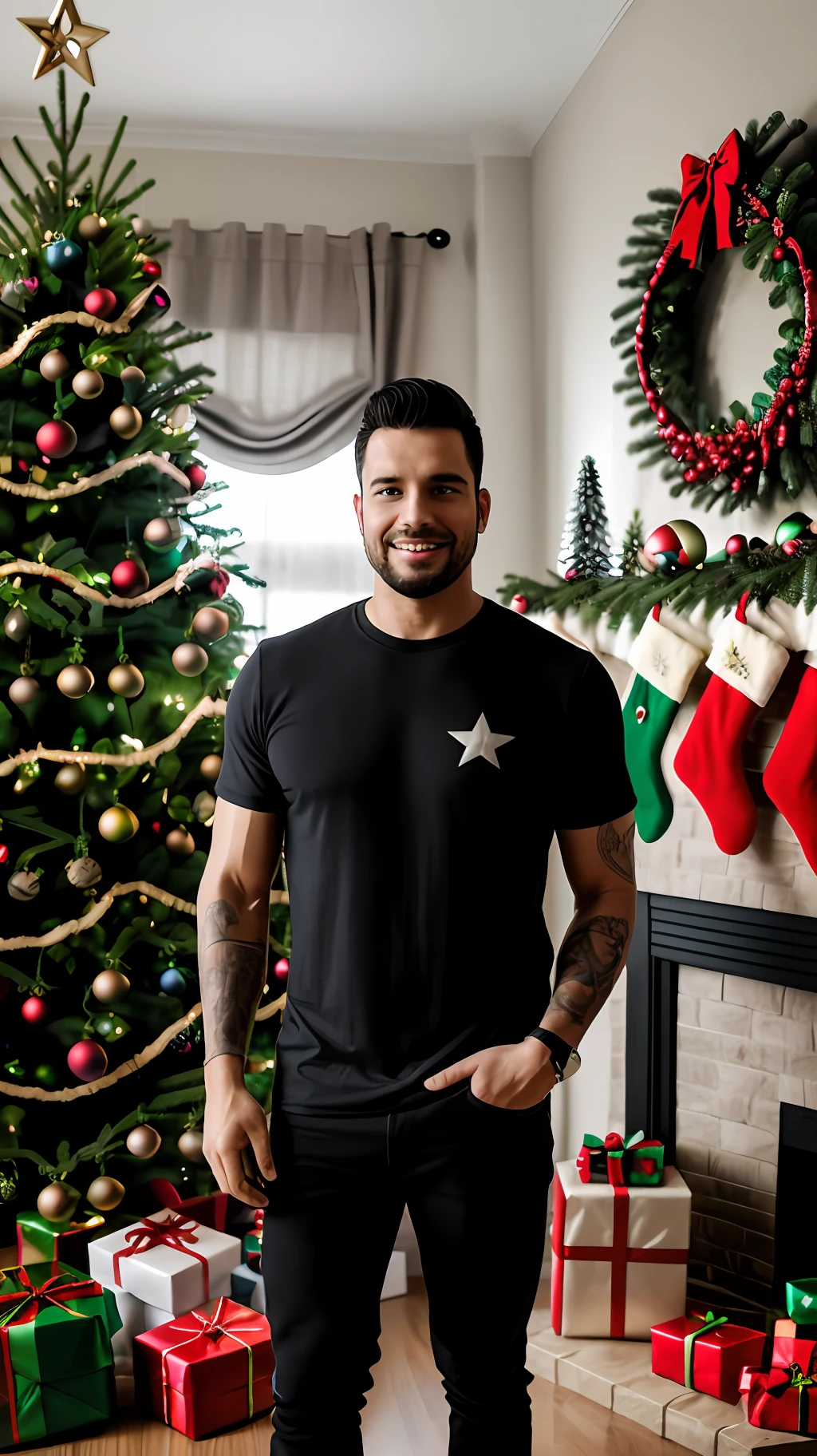 A man in a black T-shirt and black pants stands in front of a Christmas tree, decorated with colorful toys and a star on top, in the living room with a curtain in the background, Next to the Christmas tree on the floor is a bottle of wine, The image is clear and detailed