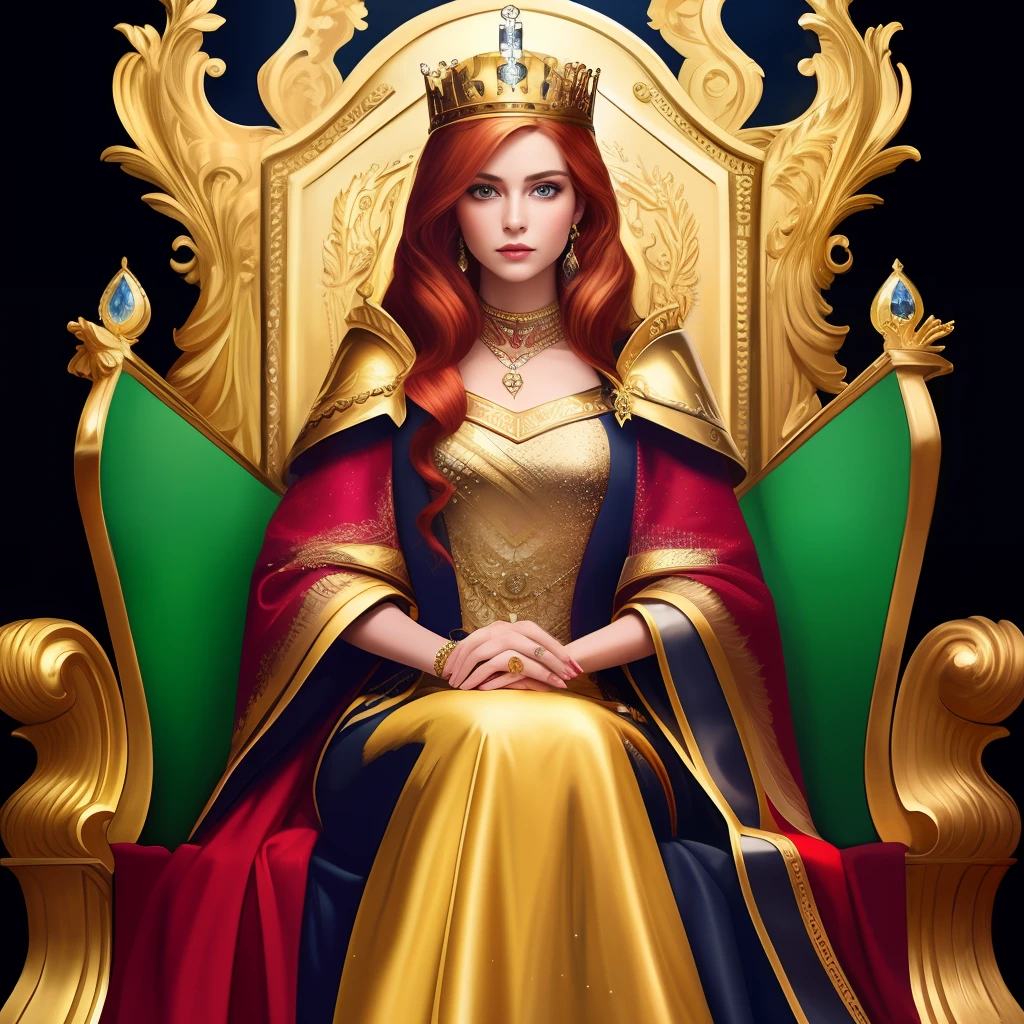 Create a hyperrealistic image of a human queen in very high definition sitting on a golden throne, Her blonde hair has gorgeous red locks, Her dress is vivid red with gold accents and her eyes are light green, uma rainha humana ultra-realista sentada no trono