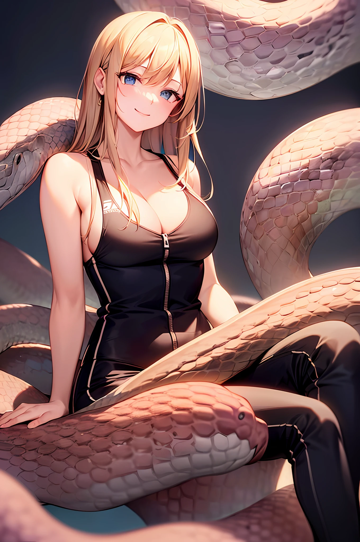 a masterpiece of,high qulity,(Hyper-Resolution),4K,(Aesthetic style),solo,A beautiful woman is smiling,blone hair,blue eyess,Clothes that show one shoulder,long trousers,sport shoes,(((Sitting on top of many extremely elaborate snakes))),darkness's background