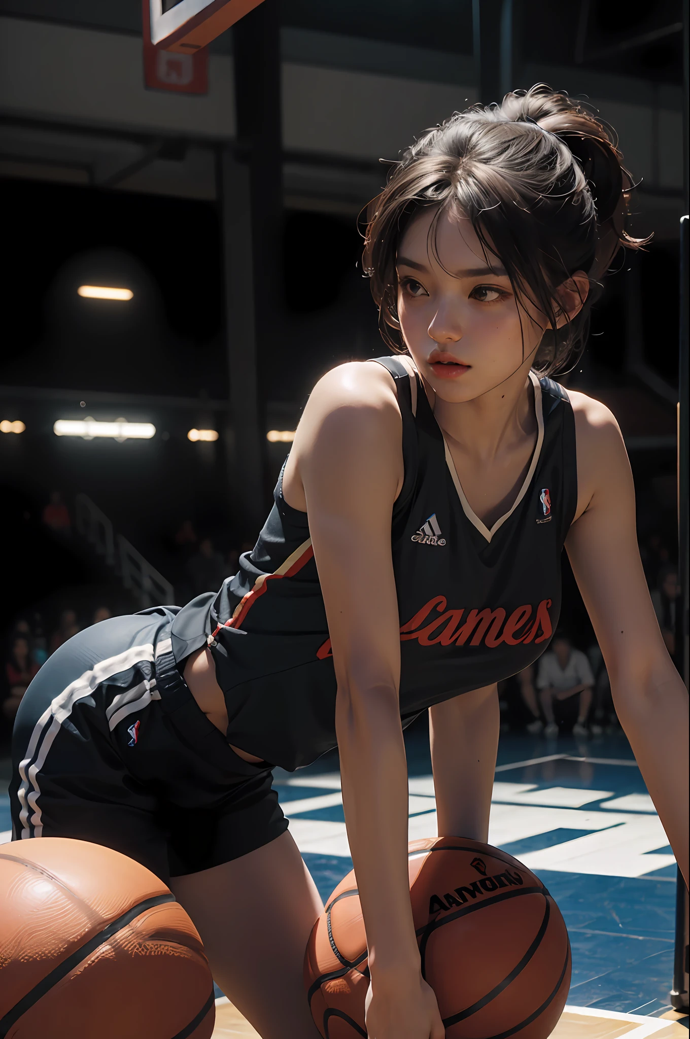 (RAW photo, 4k, masterpiece, high resolution, extremely complex) (realistic: 1.4), cinematic lighting
1 Girl, Solo Focus, Summer Noon, Hot, 1990s\(Style\), (Best Quality), (Highres), (an Extremely Delicate and Beautiful),,(Beautiful 8k face),(Brown eyes),(ulzzang-6500:1.0),(solo),(Looking side),( spectators),(large breasts),(NBA),bent over,,lookside,(side), ,(Basketball sportswear),((Play basketball)),((gymnasium)),((speed)),(reality),