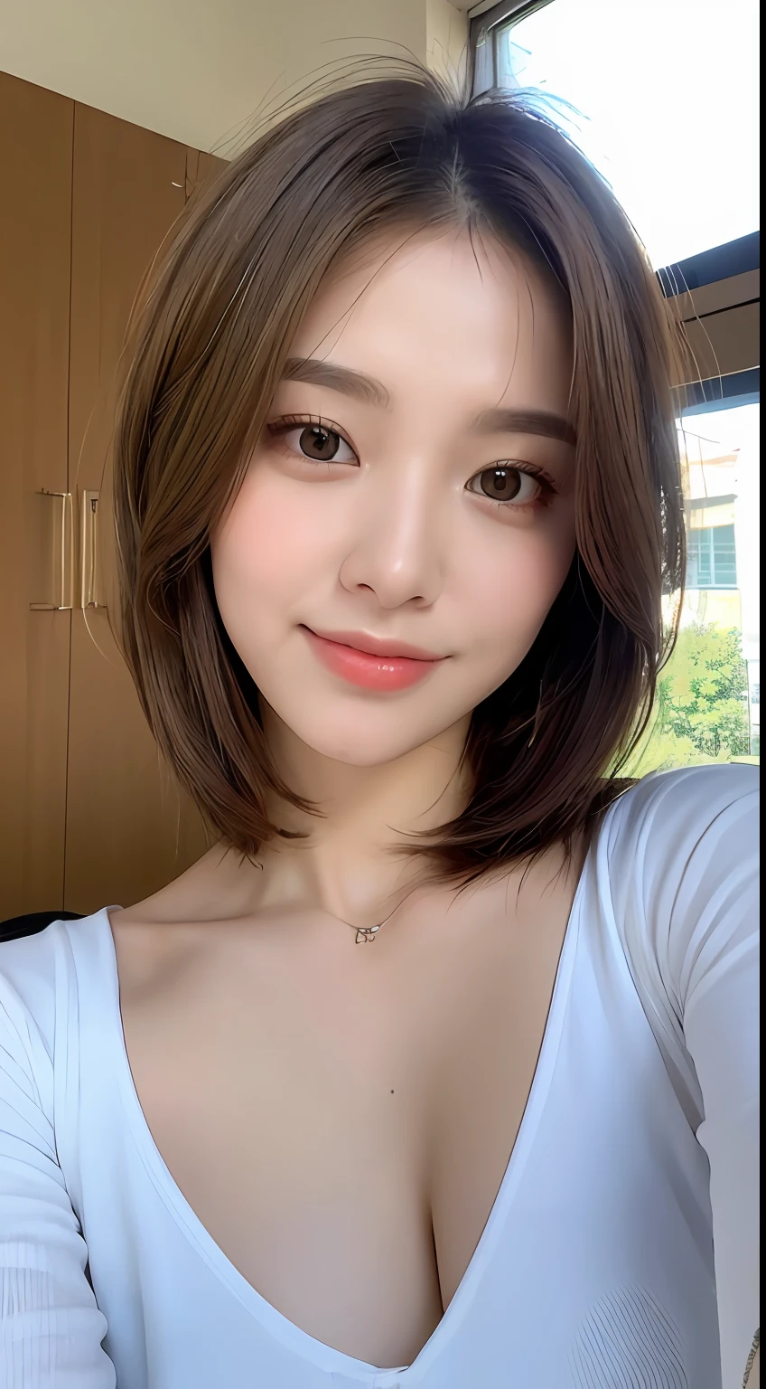 ((Best Quality, 8K, Masterpiece: 1.3)), 1 Girl, Slim Abs Beauty: 1.3, (Hairstyle Brown Hair Shortcut, Big: 1.2), Dress: 1.1, Super Slender Face, Delicate Eyes, Double Eyelids, Smile, Home, Raw Photo