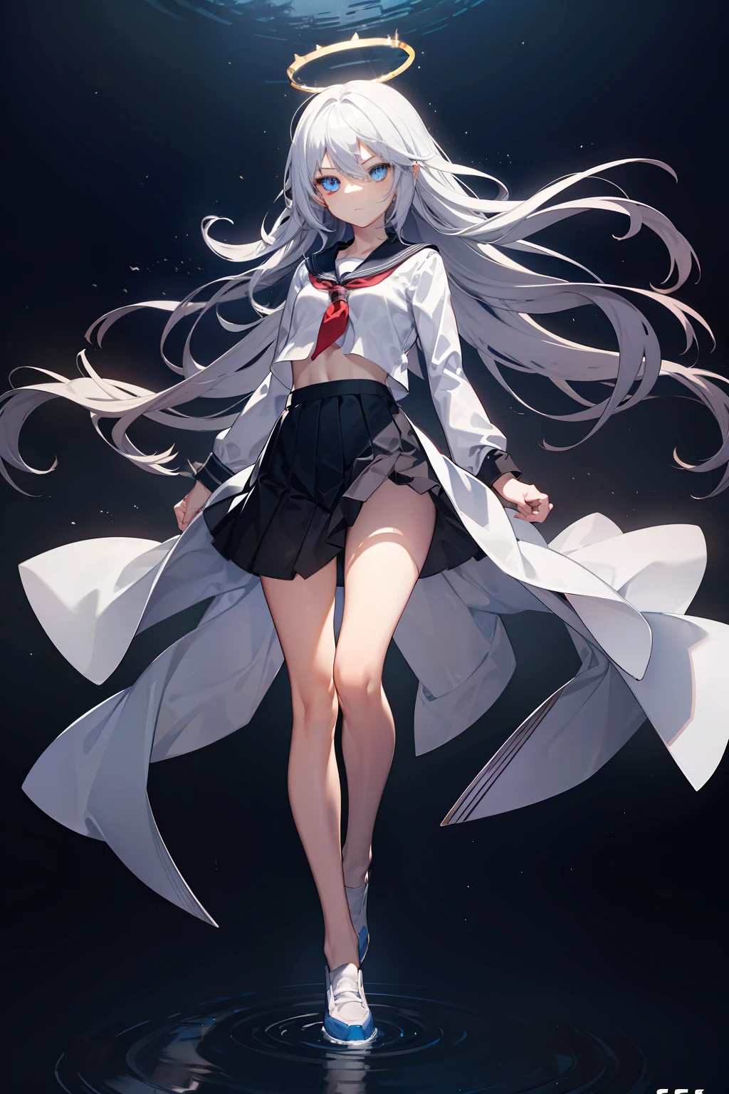 巨作, Best quality, 巨作,Best quality,offcial art,Extremely detailed CG unity 8k wallpaper, crepuscular, strong rimlight, intense shadow, Game_CG, girl, hair between eye, Blue eyes, Small breasts, tsurime, Long hair, White hair,serafuku,fullllbody,,metal halo,a glowing halo,floating in air，Flowing hair，Blue sky