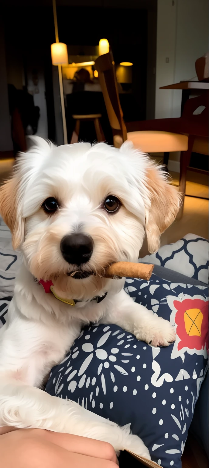 there is a white dog that is laying on a pillow, chewing, the straw is in his mouth, buttercup comendo pizza, Fazer um lanche, foto retrato, boca na casca, there is a cigar in his mouth, foto do perfil, mid portrait, lambendo para fora, pepita, com um canudo, r/aw, she has beautiful bone structure, bichon