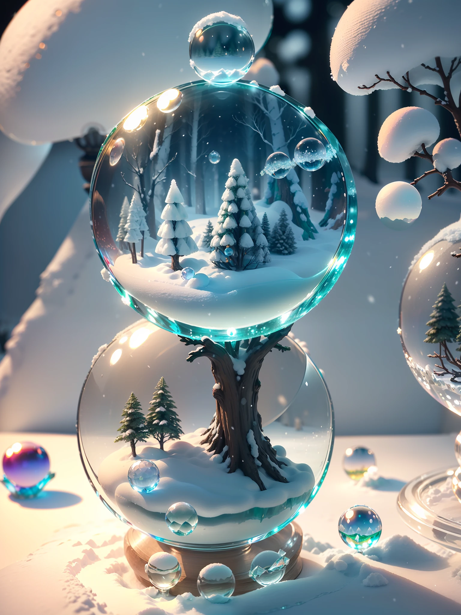 Hyper-realistic、16K High Resolution、(Maximum Sharp Focus:1.3)、(Maximum Close-up:1.5)、(Miniature forest buried in snow trapped in crystal ball with pedestal on table:1.7)、(icy、Milky way、blue back light:1.5)