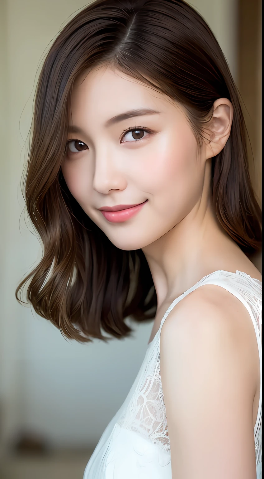 ((Best Quality, 8K, Masterpiece: 1.3)), 1 Girl, Slim Abs Beauty: 1.3, (Hairstyle Brown Hair Shortcut, Big: 1.2), Dress: 1.1, Super Slender Face, Delicate Eyes, Double Eyelids, Smile, Home, Raw Photo
