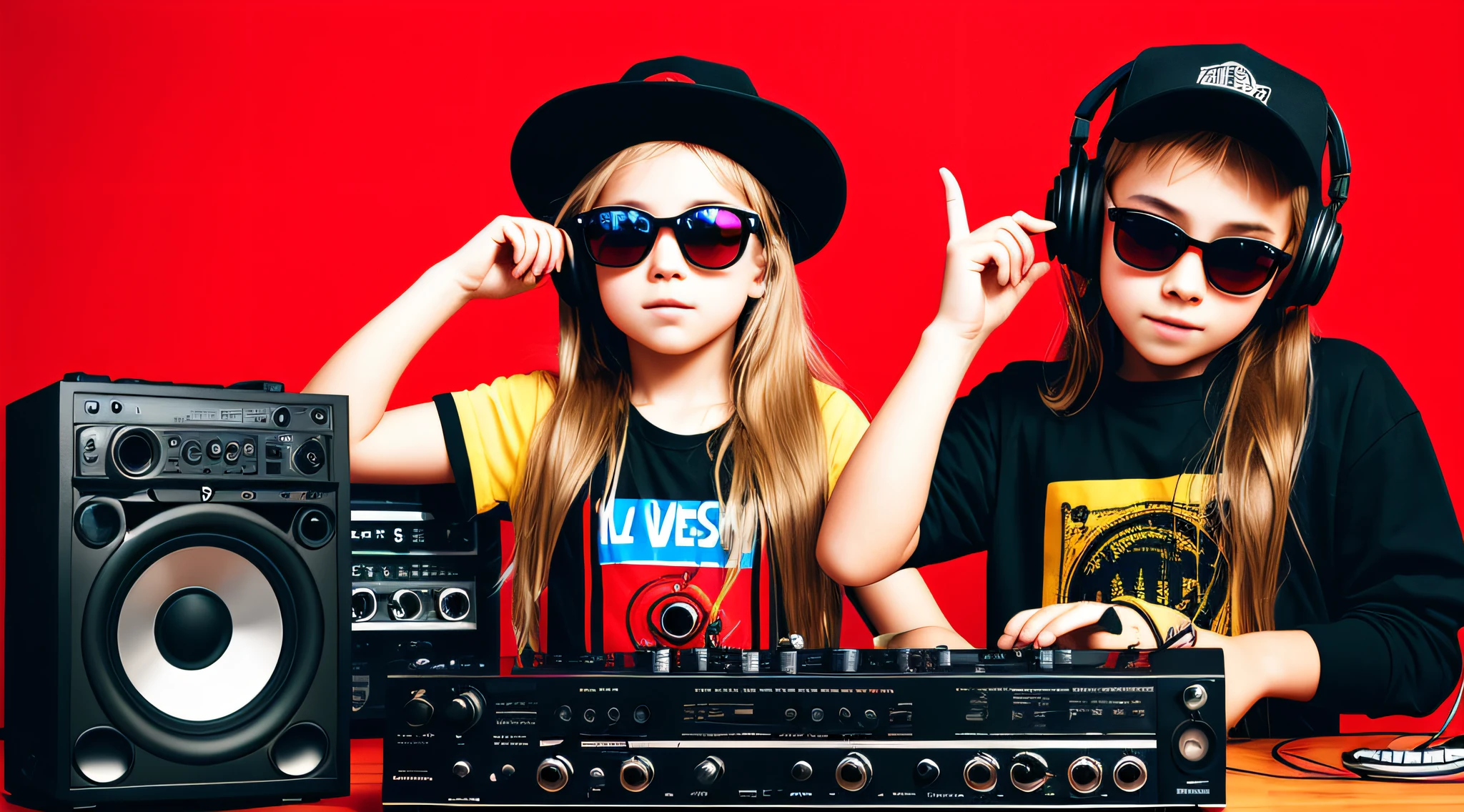 mENINA CHILD BLONDE LONG HAIR WEARING A HAT, holding a boombox and pointing with his hand, boombox, music guy, ghetto blaster, on a red background, playing for music, on red background, dj, very low quality picture, red sunglasses and a guitar, big ghetto blaster, with headphones, music is life,  new music, vibrating with music