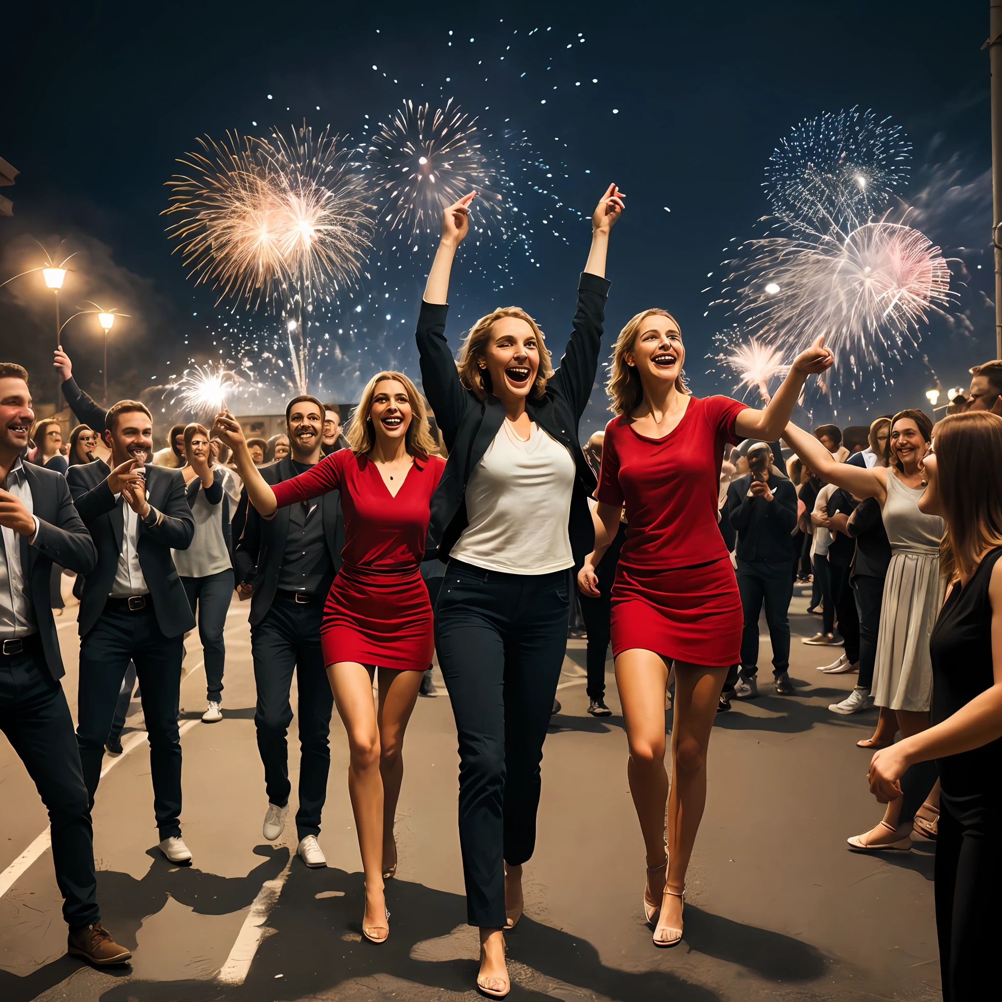 corporate clothes, Happy people dancing, crowd celebration, street setting, suburban environment, night time, street light illumination, multiple balloons floating, cheers, fireworks, (natural skin texture, hyperrealism, soft light, sharp), happiness, full body shot