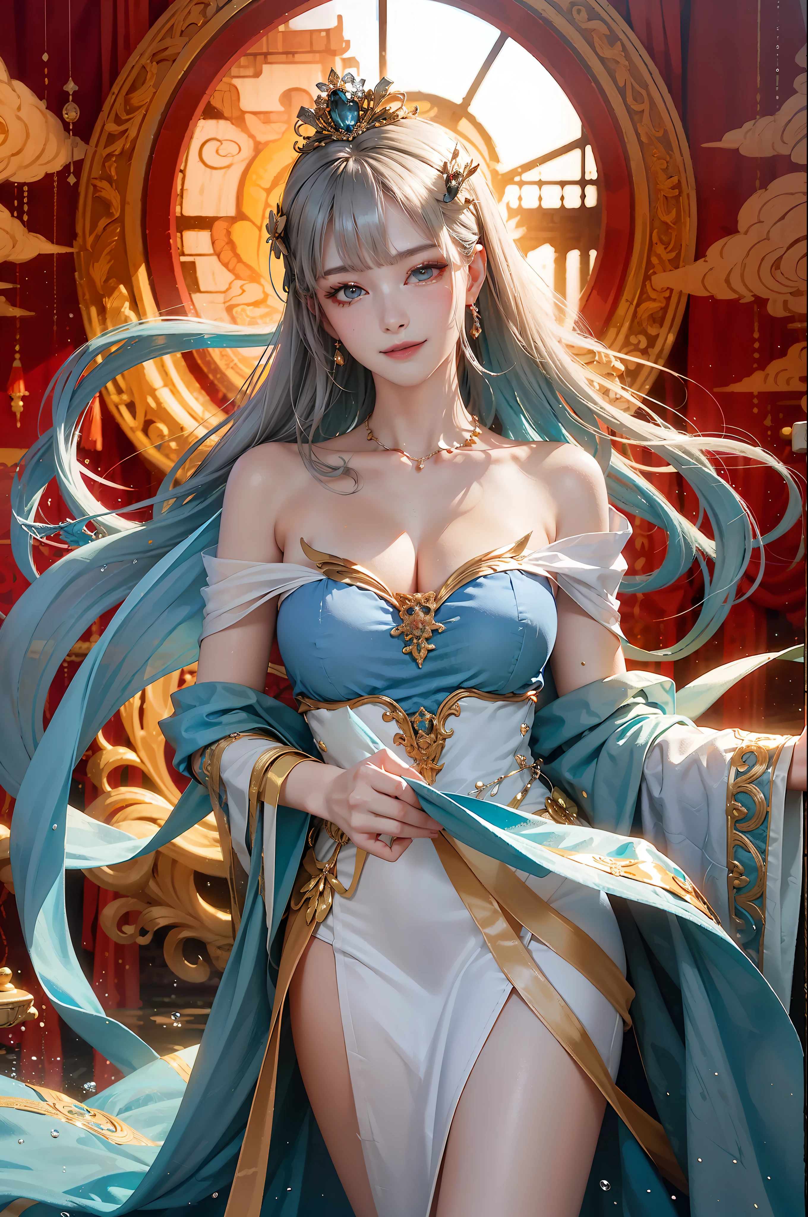 Realistic, (巨作, Top quality, Best quality, offcial art, Beautiful and aesthetic:1.2), ighly detailed，s fractal art，rich colour，Most detailed，dynamic angle，（Underwater Dragon Palace Kingdom，The surface of the water is rippling，water bubbles）1girl huge large breasts，A princess，with silver hair，a panoramic view，eyes with brightness，happy tears, upturned eyes, pupils sparkling，Seductive smile，（Ultra-precise palm，Detailed hand details）hime-cut，Hair combed back，Gorgeous princess tiara，Gorgeous blue-blue and white robes，Open cloth，Sexy cleavage，fromabove