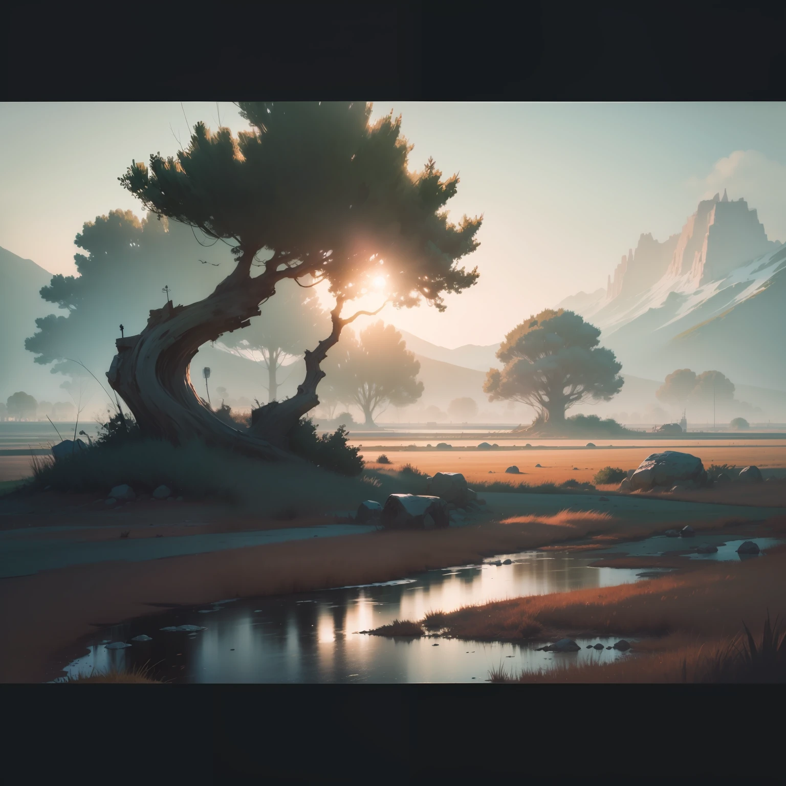 morning landscape, Ashley Wood, 8k uhd, dslr, soft lighting, high quality