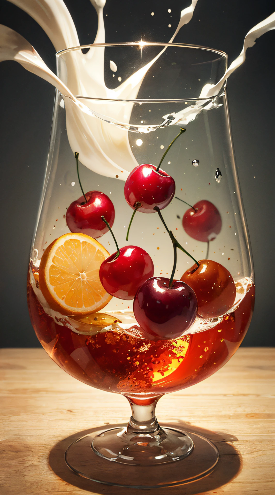 （Fantastic photos：1.3）（Realiy：1.3），（Full of dynamism：1.3）Product photography of cherries falling into a glass of milk，splatters，intrikate，epic，（Artist RHADS：1.3），abundantly detailed，（Provia： 1.3)