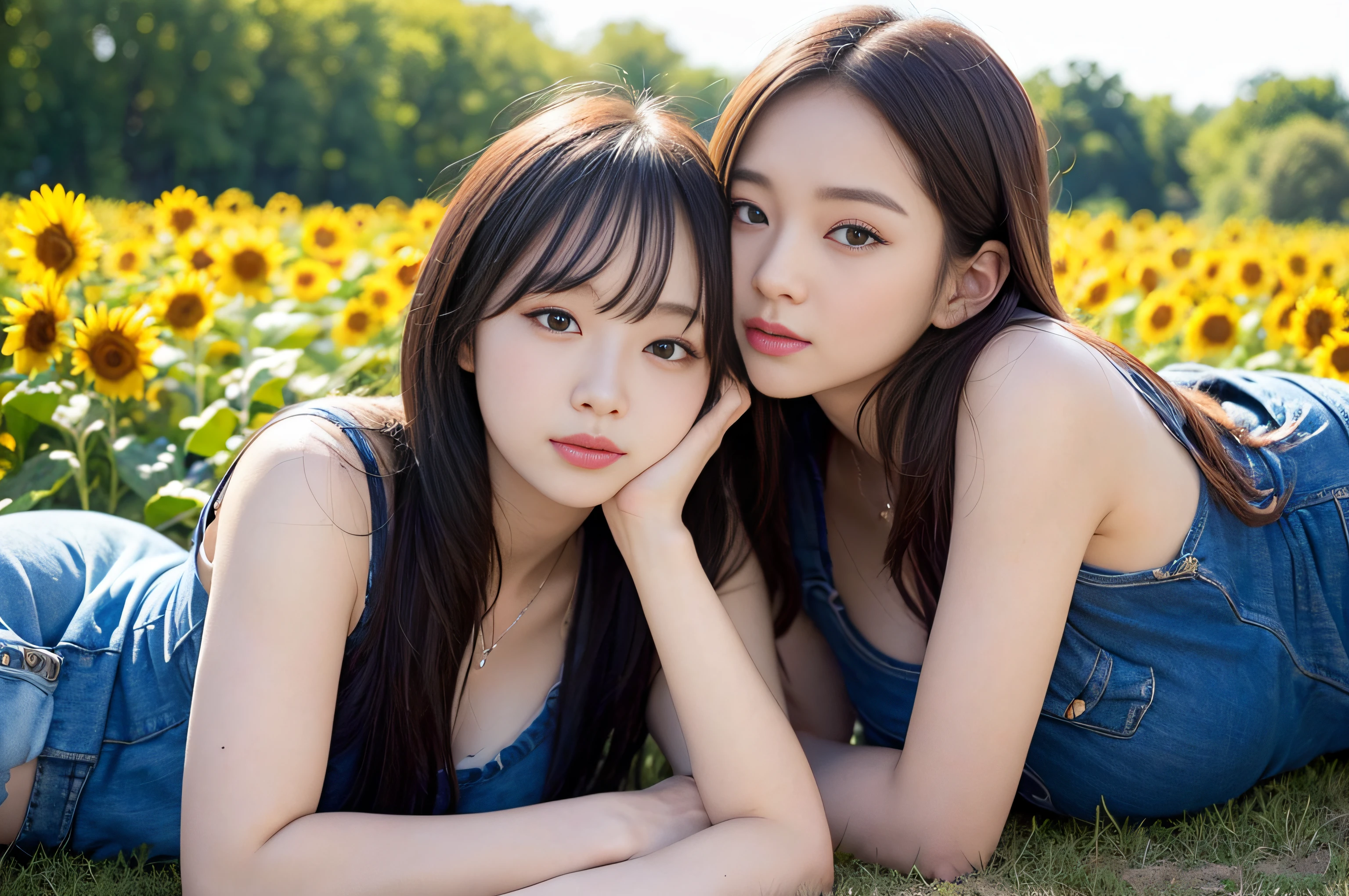 (шедевр、beste-Qualit:1.2)、ultra hyper-detailed、lighting like a movie、((beautiful a girl))、Yuri、the kiss、lying back on、Upper body body、disheveled clothes、wide-angle lens、summer vacation、country road、Sunflower field、Dynamic angles