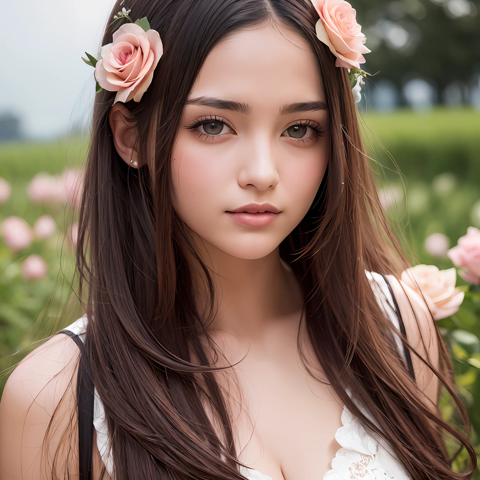 a stream of wind, storm, ruffles the hair of a beautiful girl, beautiful
female model with soft lush curly warm brown long hair, woman with
flowers in her hair posing for a picture, flower storm
portrait, woman in flowers, flowers on hair, flower goddess,
beautiful portrait photo, girl in flowers, roses in her hair, flower in hair,
photo of a beautiful woman, award winning, extremely, high detail digital RAW color photo, beauty portrait, 8k uhd, dslr, soft lighting, high quality, film grain, Fujifilm XT3 --auto