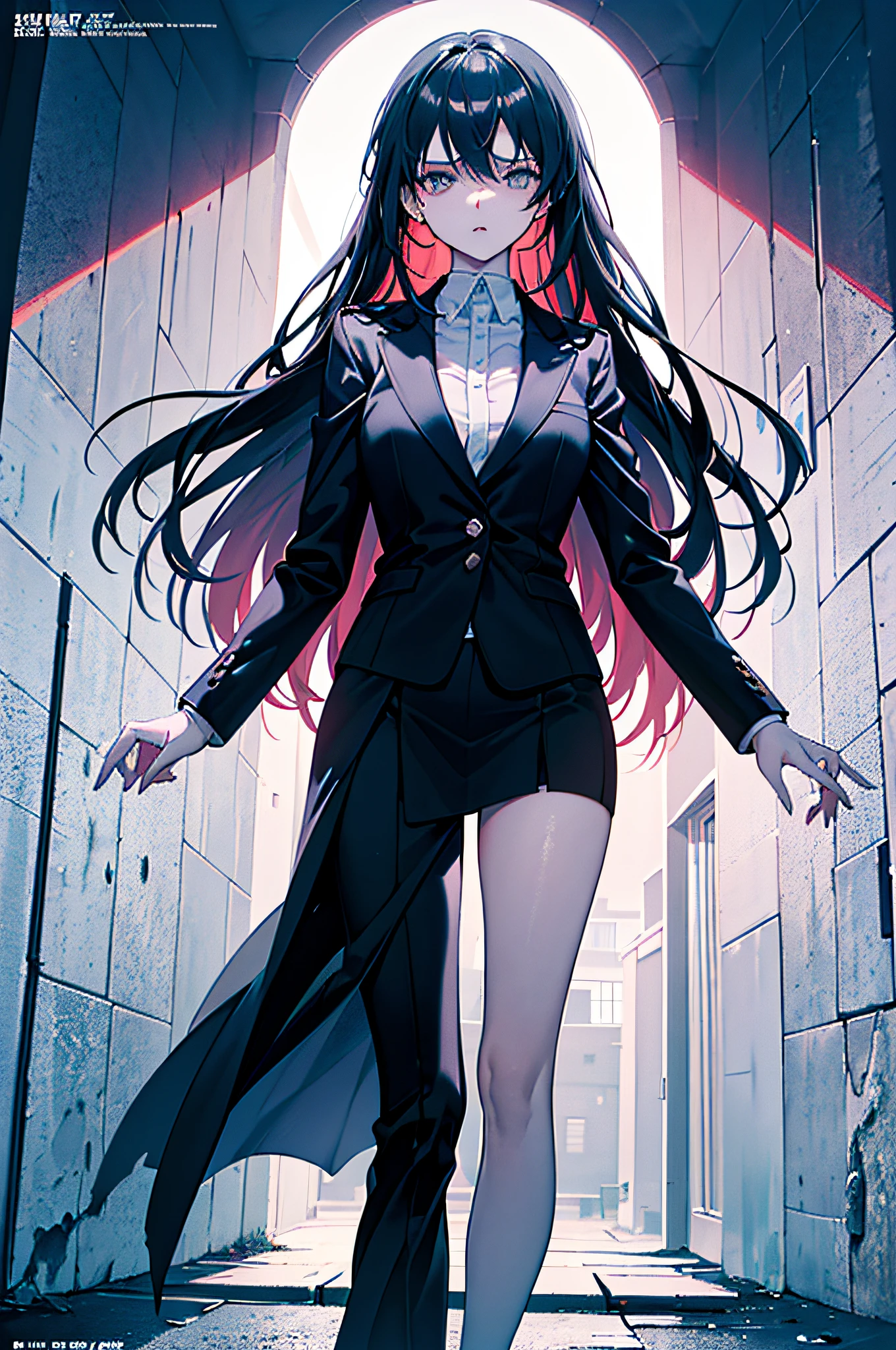 A girl with,((((Dramatic))), (((grittiness))), (((Intense))) The movie poster features a young woman as the central character。She stands confidently in the center of the poster,Wear a loose suit,confiante,sun beam,The background is pure white,The poster is intricately pasted on the wall, (magazine:1.3), (estilo da capa:1.3), lo fashion, Full of dynamism, Outfit, posando,Long hair dyed blue