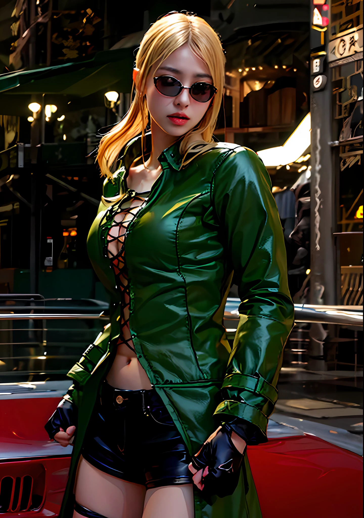 a blond、sunglass、Green coat made of leather、Black shorts、photo- realistic, A high resolution, 1 girl,Navel out