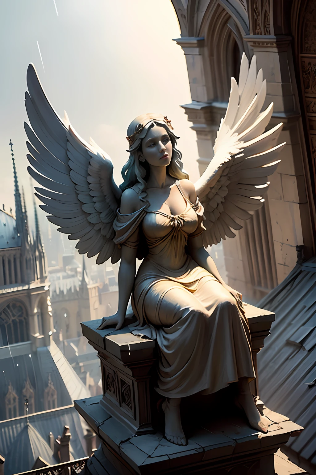 Beautiful Female Angel sitting on the roof of Notre Dame Cathedral, next to a huge statue of a gargoyle, and dangles his feet in the air, Far below is the street, pavement, Small figures of people walking in the rain, The angel looks at them sadly, 19th century,