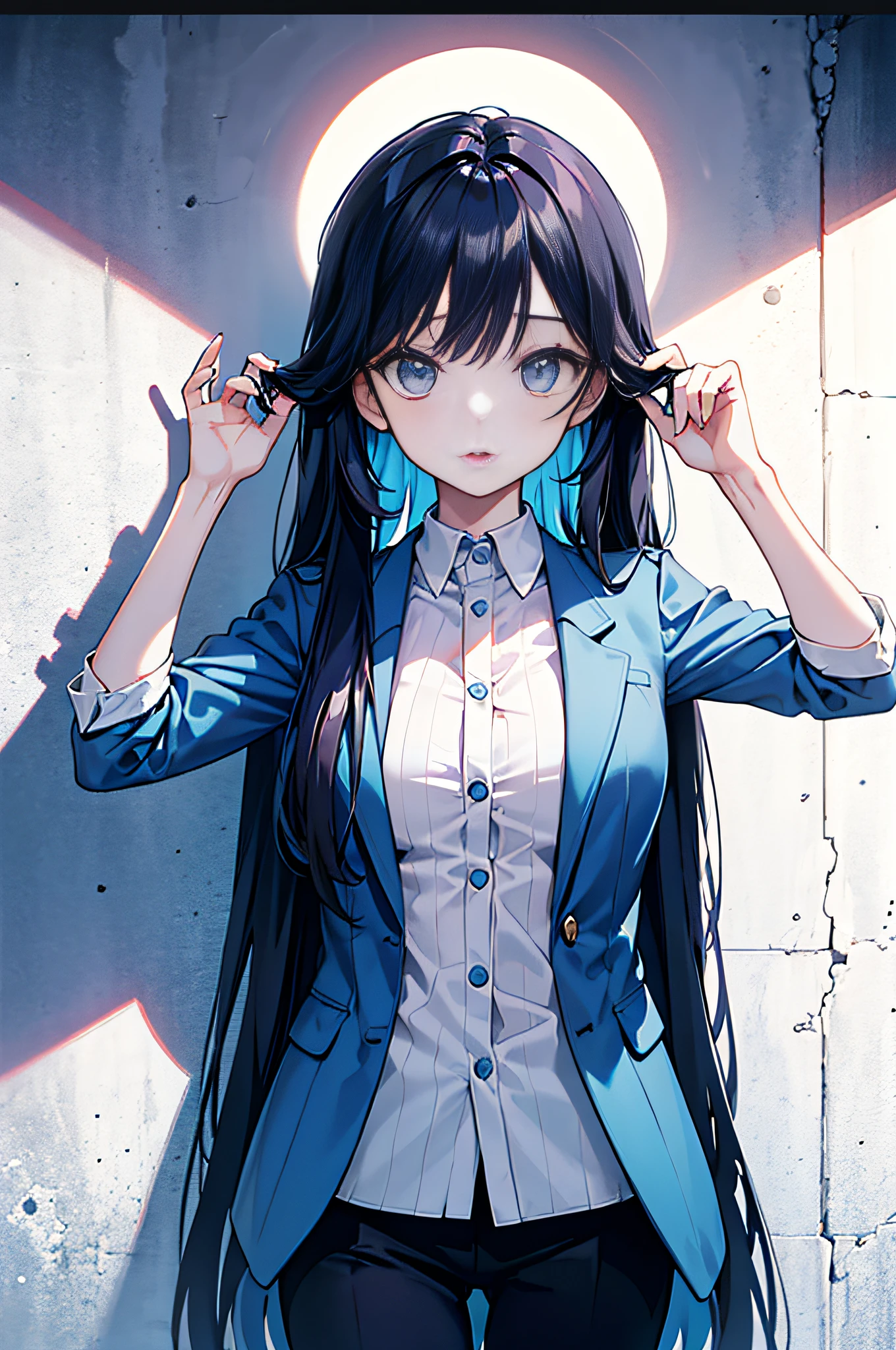 A self-confidence、Sunny girl,Wear a loose suit,is the protagonist of a dramatic movie。On the walls are intricate white posters,Rendered in cover style,Has elements of a magazine,Present stylish、vibrancy、The feeling of posing。She has long hair,Pick dyed blue。