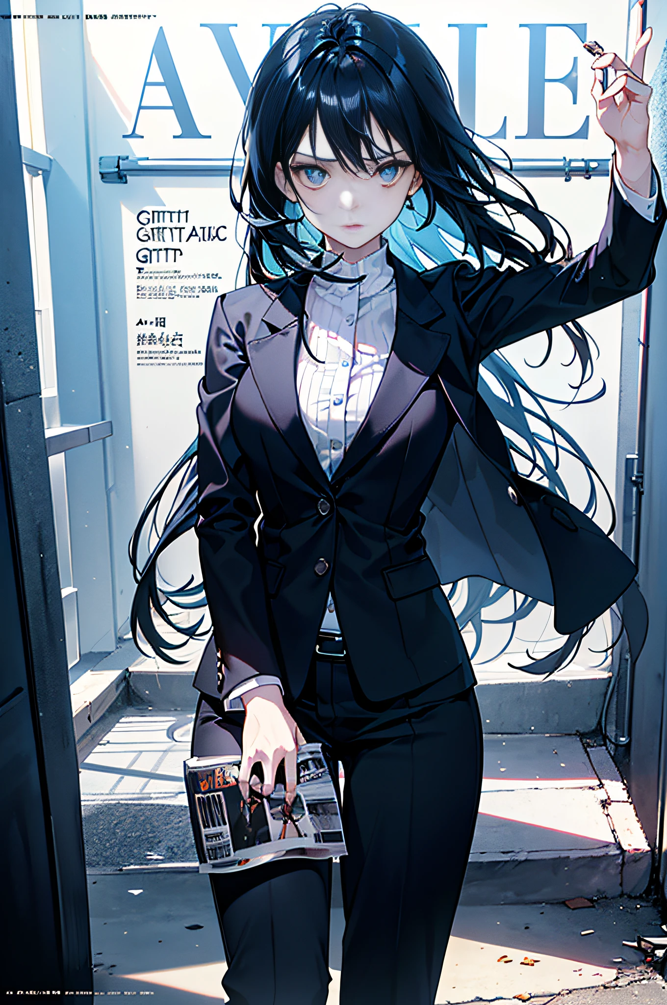 A girl with,((((Dramatic))), (((grittiness))), (((Intense))) The movie poster features a young woman as the central character。She stands confidently in the center of the poster,Wear a loose suit,confiante,sun beam,The background is pure white,The poster is intricately pasted on the wall, (magazine:1.3), (estilo da capa:1.3), lo fashion, Full of dynamism, Outfit, posando,Long hair dyed blue