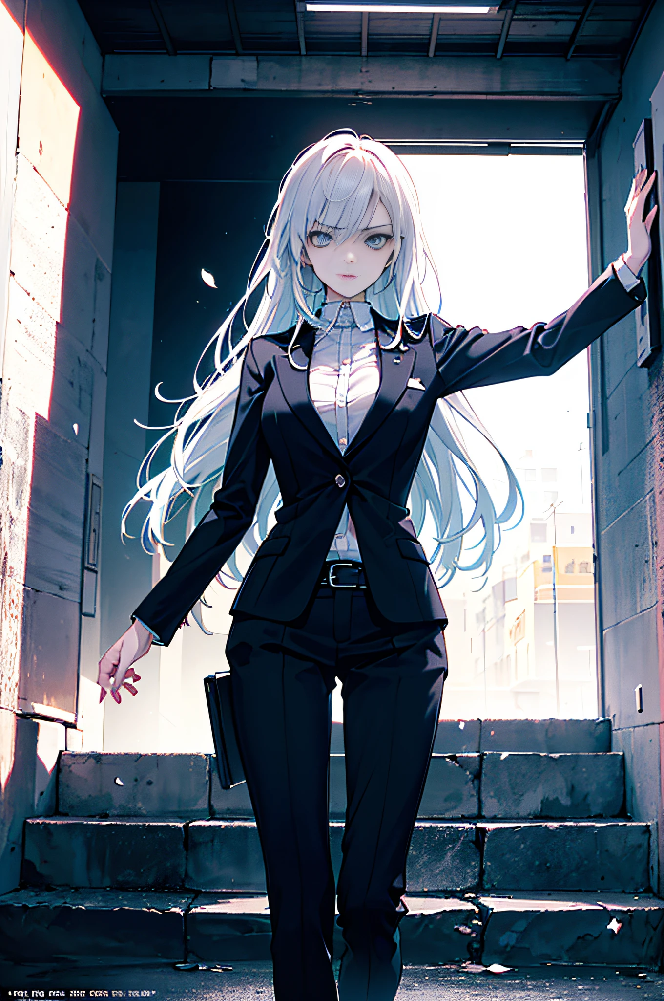 A girl with,((((Dramatic))), (((grittiness))), (((Intense))) The movie poster features a young woman as the central character。She stands confidently in the center of the poster,Wear a loose suit,confiante,sun beam,The background is pure white,The poster is intricately pasted on the wall, (magazine:1.3), (estilo da capa:1.3), lo fashion, Full of dynamism, Outfit, posando,Long hair dyed blue