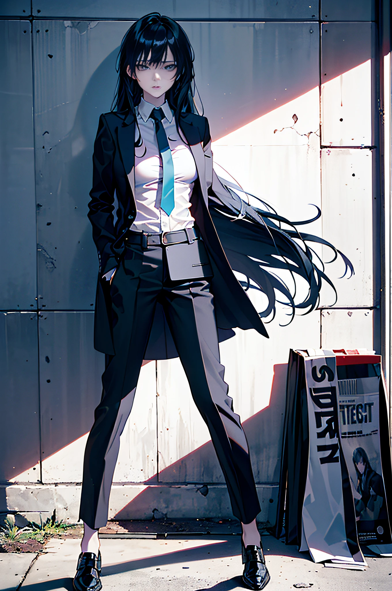 A girl with，((((Dramatic))), (((grittiness))), (((Intense))) The movie poster features a young woman as the central character。She stands confidently in the center of the poster，Wear a loose suit，confiante，sun beam，The background is pure white，The poster is intricately pasted on the wall, (magazine:1.3), (estilo da capa:1.3), lo fashion, Full of dynamism, Outfit, posando，Long hair dyed blue