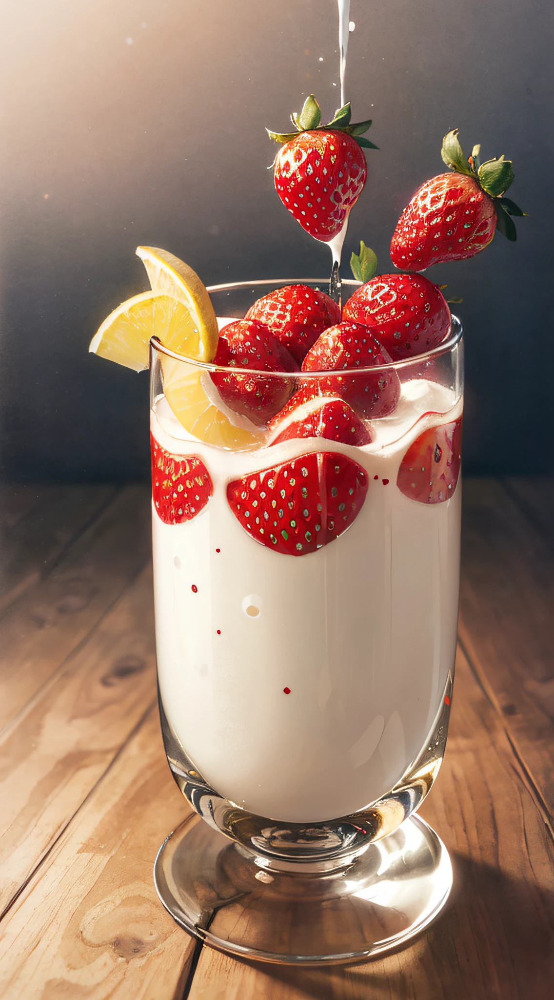 (Magical Photo:1.3) of (Realistic:1.3),(Energetic:1.3) product photography of a strawberries falling into a glass of milk, splash, intricate, epic,(by Artist RHADS:1.3),Highly Detailed,(Provia:1.3)