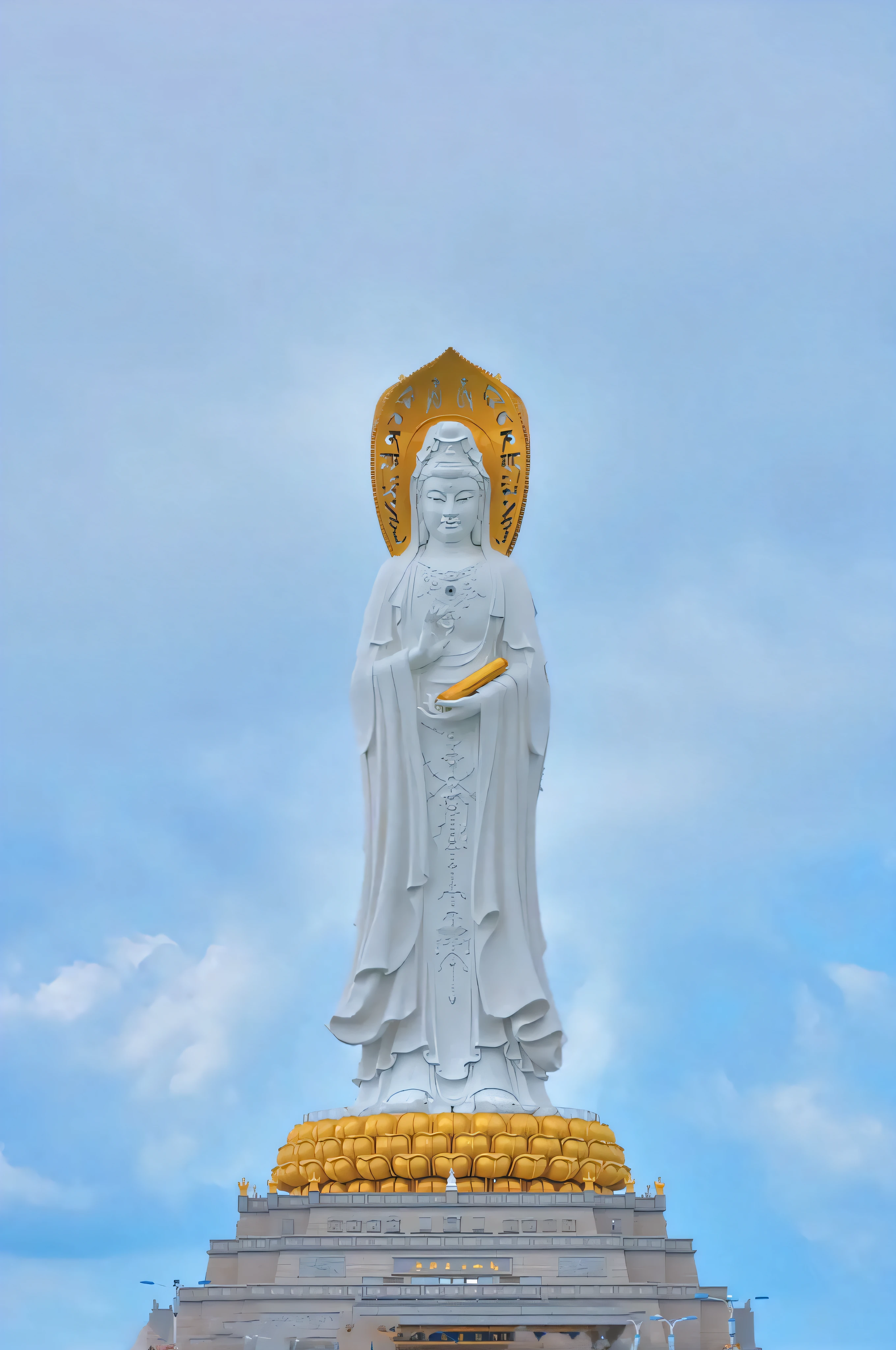 Statue of Arafeld,A woman holds a banana in front of a blue sky, Avalokitesvara, guanyin of the southern seas, bodhisattva, contented female bodhisattva, beautiful gold saint, religious sculpture, a statue, puṣkaracūḍa, a Buddhist Buddha, statue made of glass