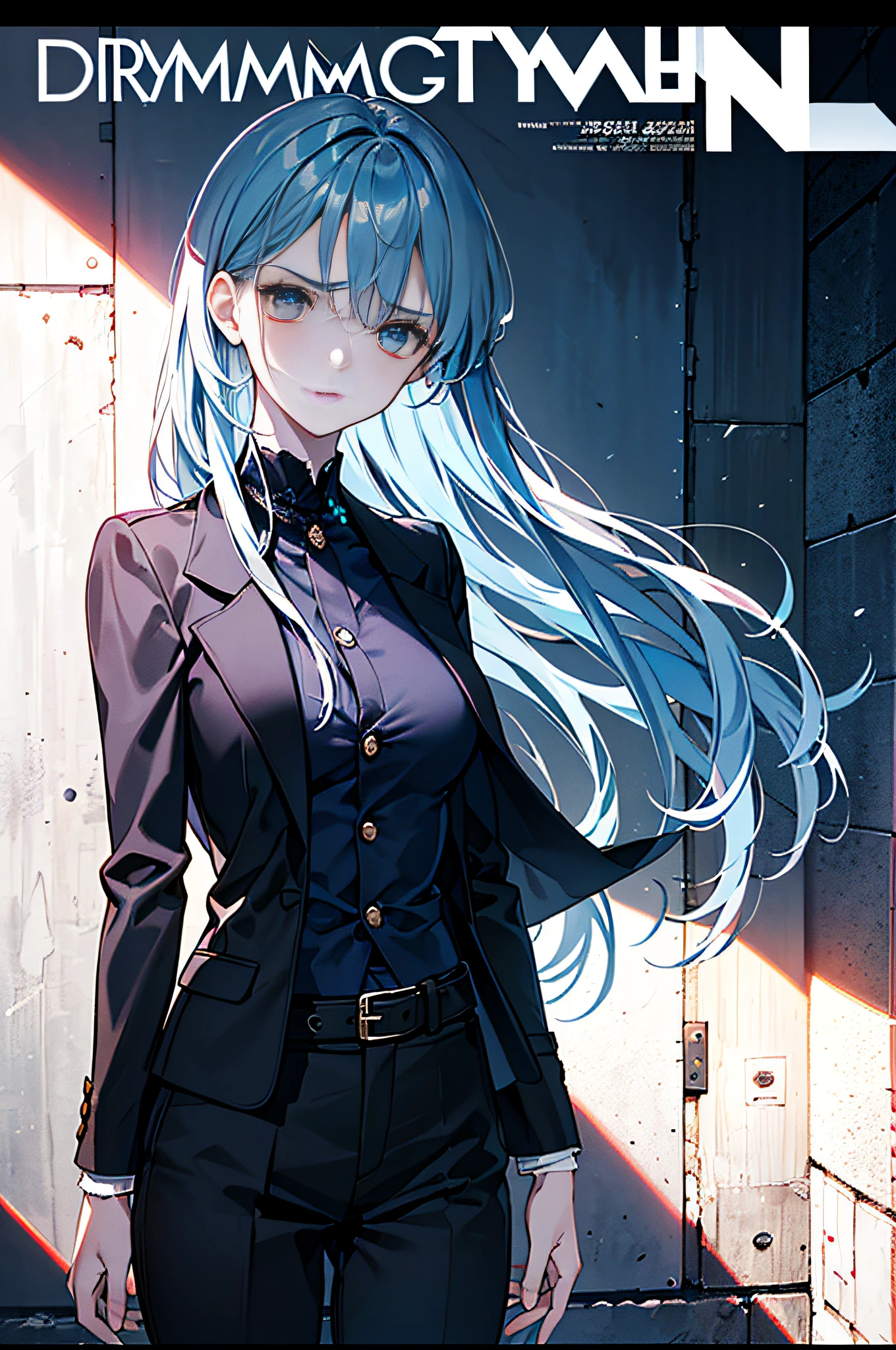 A girl with,((((Dramatic))), (((grittiness))), (((Intense))) The movie poster features a young woman as the central character。She stands confidently in the center of the poster,Wear a loose suit,confiante,sun beam,The background is pure white,The poster is intricately pasted on the wall, (magazine:1.3), (estilo da capa:1.3), lo fashion, Full of dynamism, Outfit, posando,Long hair dyed blue