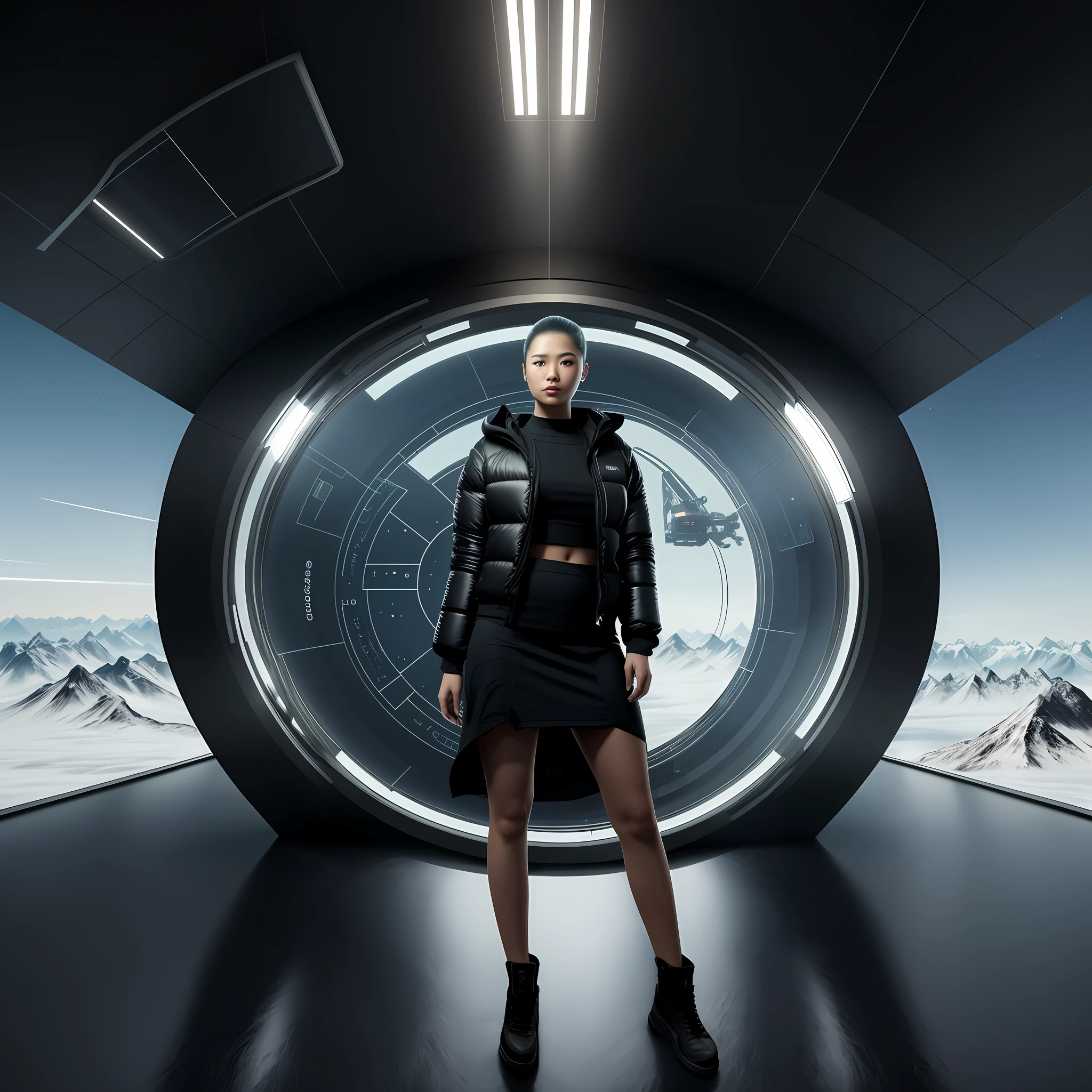 There is a young Asian woman,Stand inside a futuristic space station,Model wears a beige down jacket, puffer jacket, It has a futuristic background, stunning visuals with rtx on, from a 2 0 1 9 sci fi 8 k movie, Futuristic clothing, in a futuristic spaceship, stood inside a futuristic lab, Outside is snowy mountains, futuristic outfit, In science fiction style