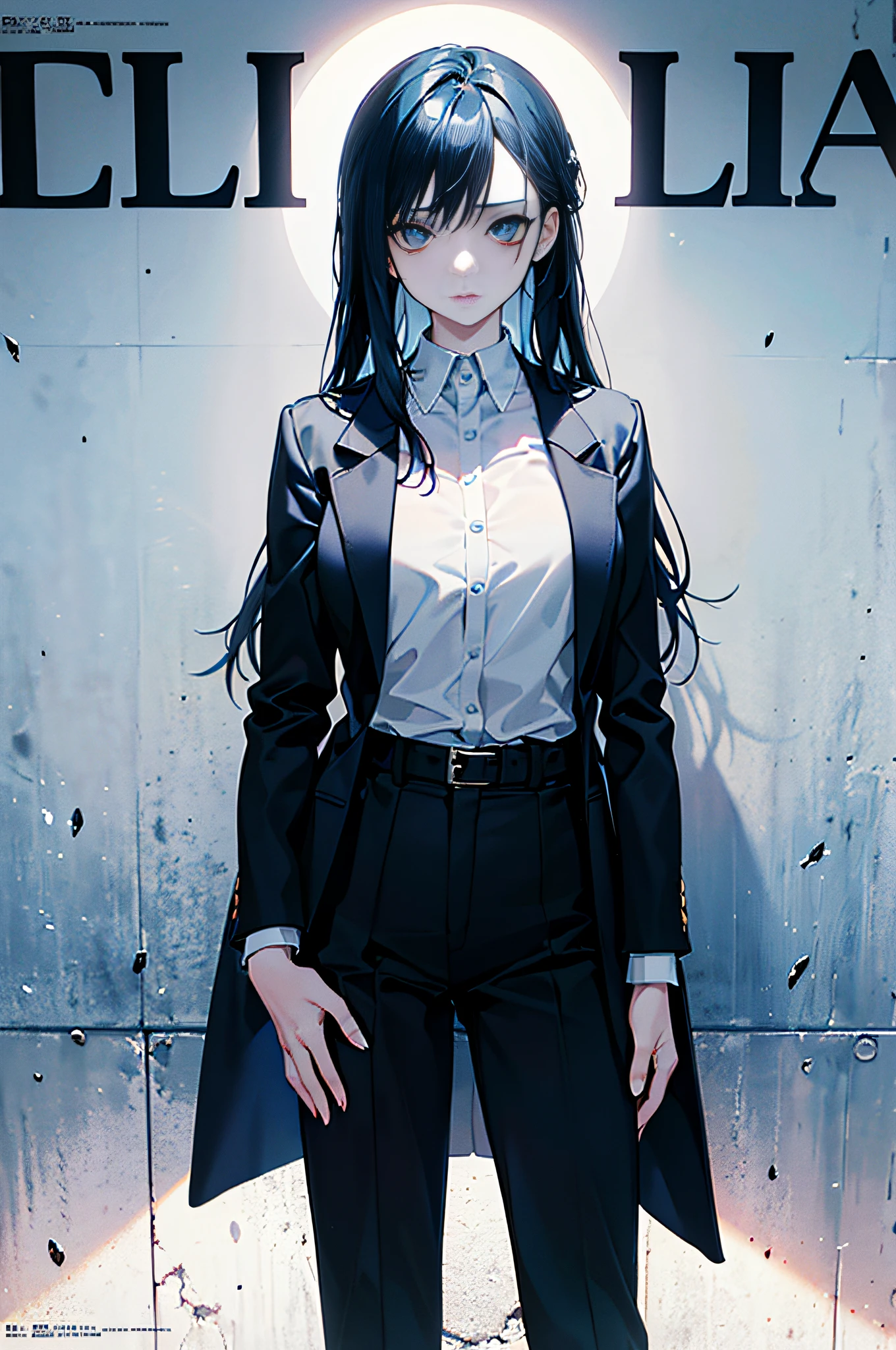 A girl with,((((Dramatic))), (((grittiness))), (((Intense))) The movie poster features a young woman as the central character。She stands confidently in the center of the poster,Wear a loose suit,confiante,sun beam,The background is pure white,The poster is intricately pasted on the wall, (magazine:1.3), (estilo da capa:1.3), lo fashion, Full of dynamism, Outfit, posando,Long hair dyed blue