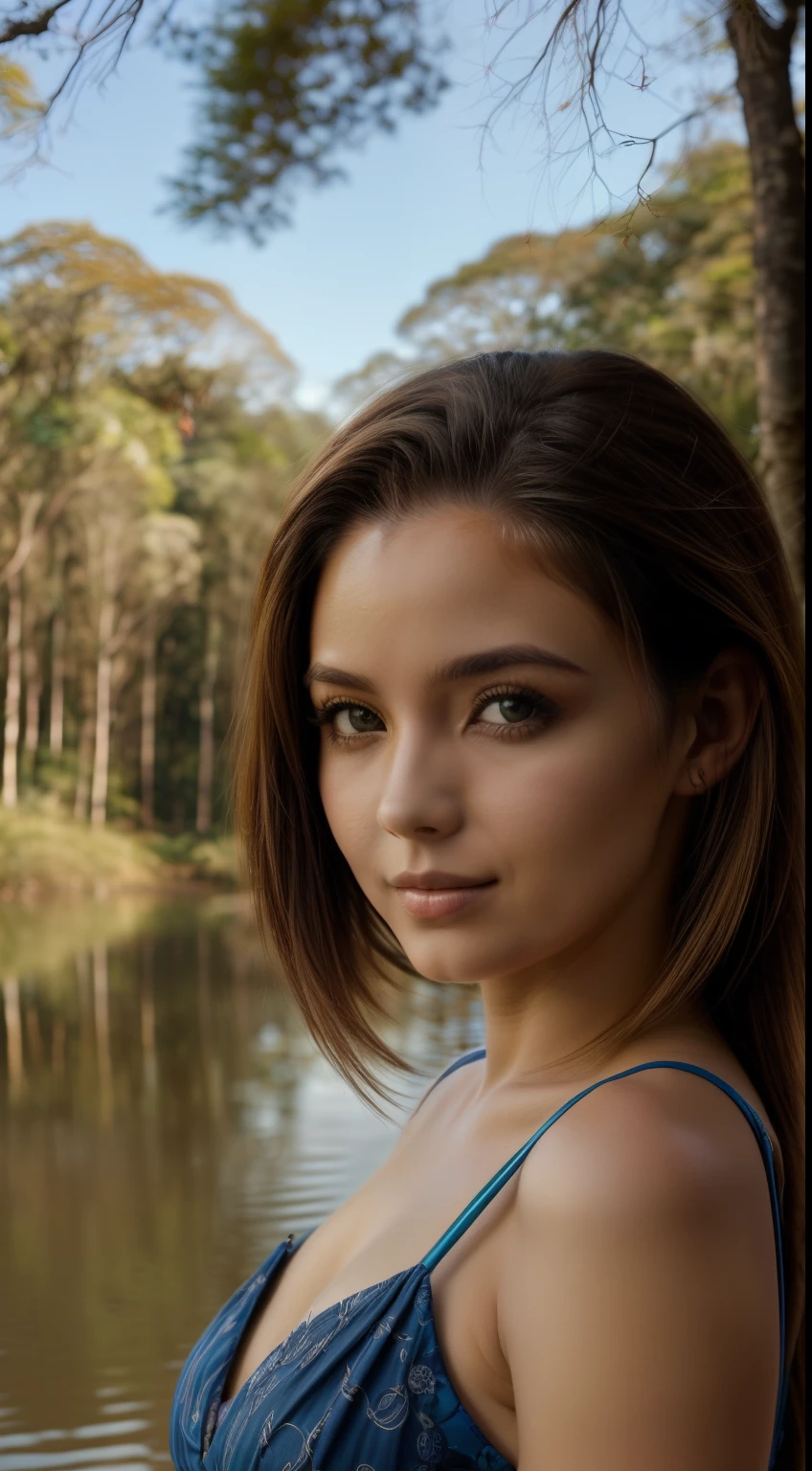 ((Mulher de 18 anos, rosto delicado, pele clara, cabelos dourados, olhos azuis), (Beira do lago na floresta, Brisa suave, a sense of tranquility), (poses sedutoras