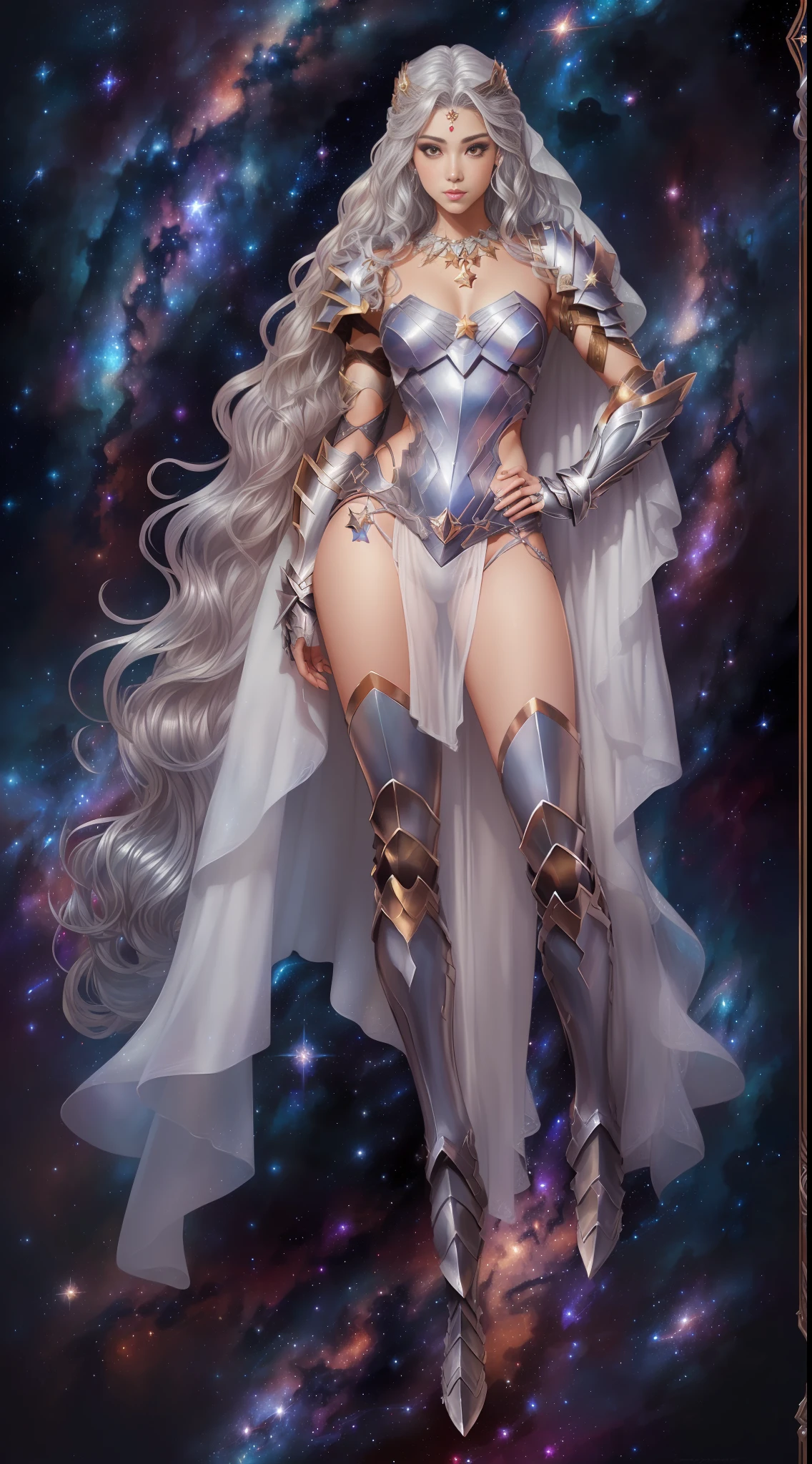((Full body)), (((Head to toe))), 1 female, Solo, beautiful blushing slender Goddess of Andromeda (((with wavy long silver hair))), Small bust, small breasts thin waist, Thin leg, (((against Andromeda Nebula background))), (((gorgeous star armor, loincloth))), star necklace, star tiara, silk Veil, (((American comic style with dark contours))), (((art by J. Scott Campbell)))