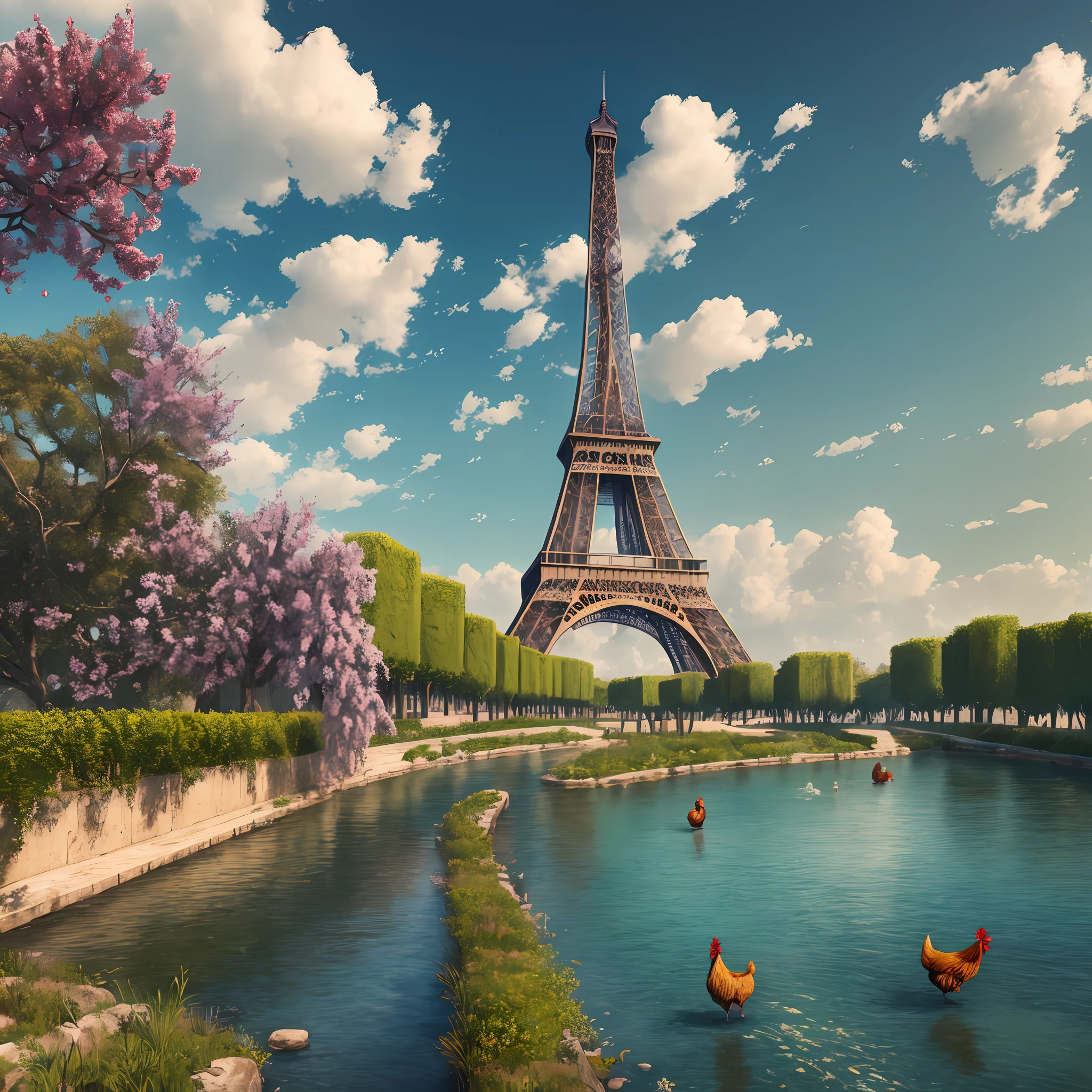 Effiel tower, paris, Gallic rooster, grape trees , saint river, dramatic theme, realistic photography, masterpiece, high detail image, high definition, high quality, 8k resolution, clean sky, octane Rander, fantasy art style, unreal engine
