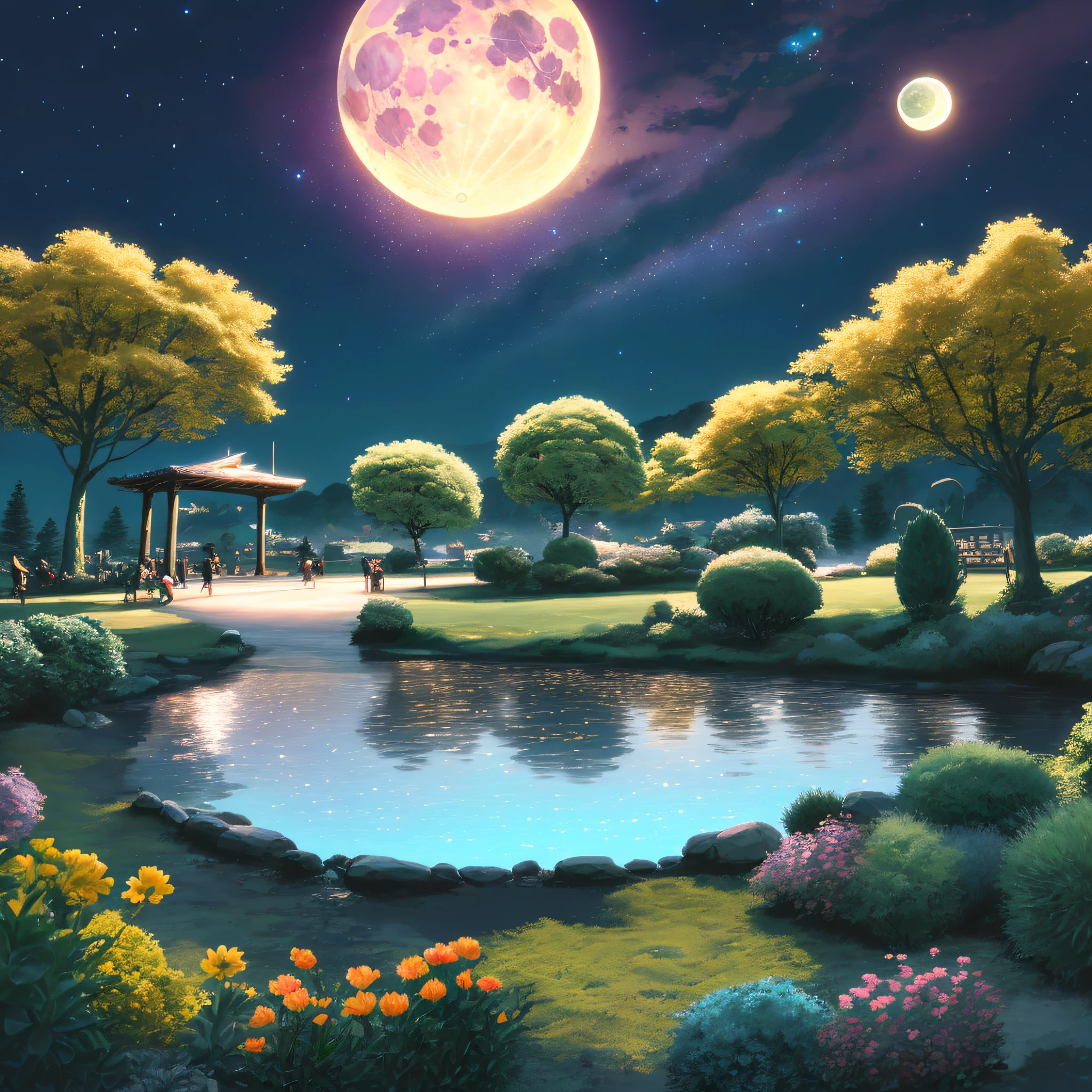 Summer Park，nights，lot of flowers，Cartoon style，large moon、A sky full of stars，Exquisite graphics，16k,The stage glows