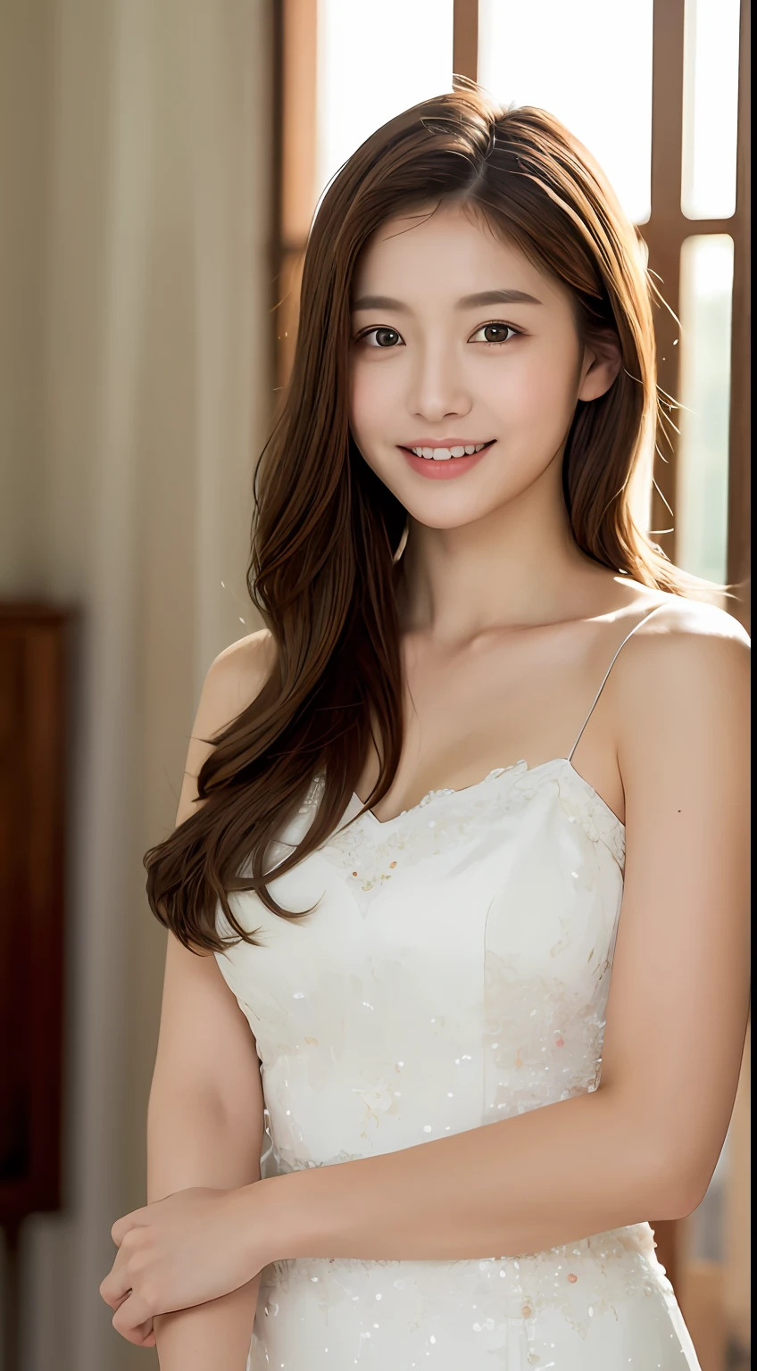 ((Best Quality, 8K, Masterpiece: 1.3)), 1 Girl, Slim Abs Beauty: 1.3, (Hairstyle Brown Hair Shortcut, Big: 1.2), Dress: 1.1, Super Slender Face, Delicate Eyes, Double Eyelids, Smile, Home, Raw Photo