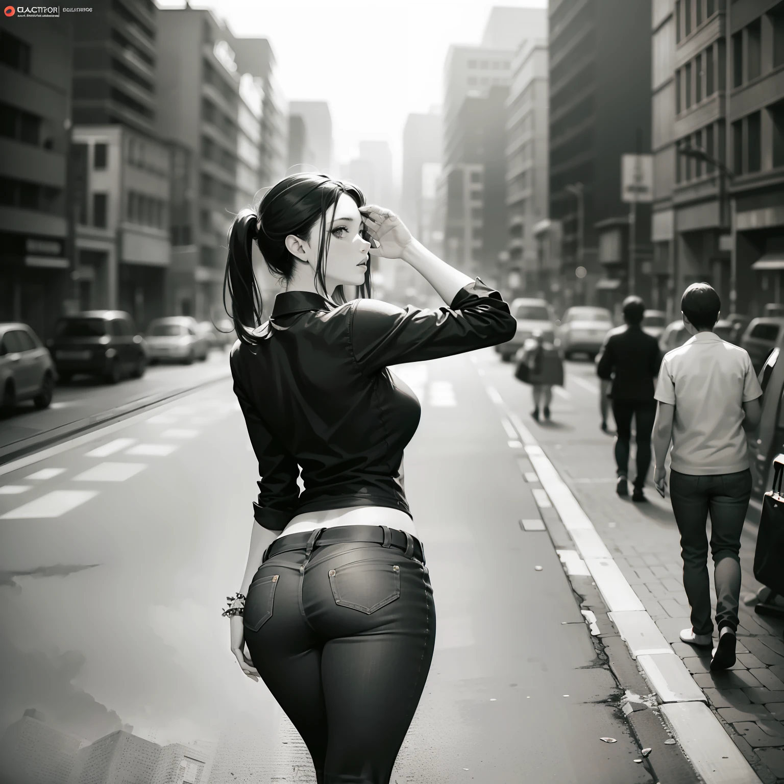 woman, (((from below))), busy city, foreshortening, (seductive pose), looking at viewer, mad, blackcutoffs, (eye contact), african,  photorealistic, masterpiece, realistic, high contrast, hyper detailed, best quality, ultra high res, photorealistic, high resolution, detailed, raw photo,