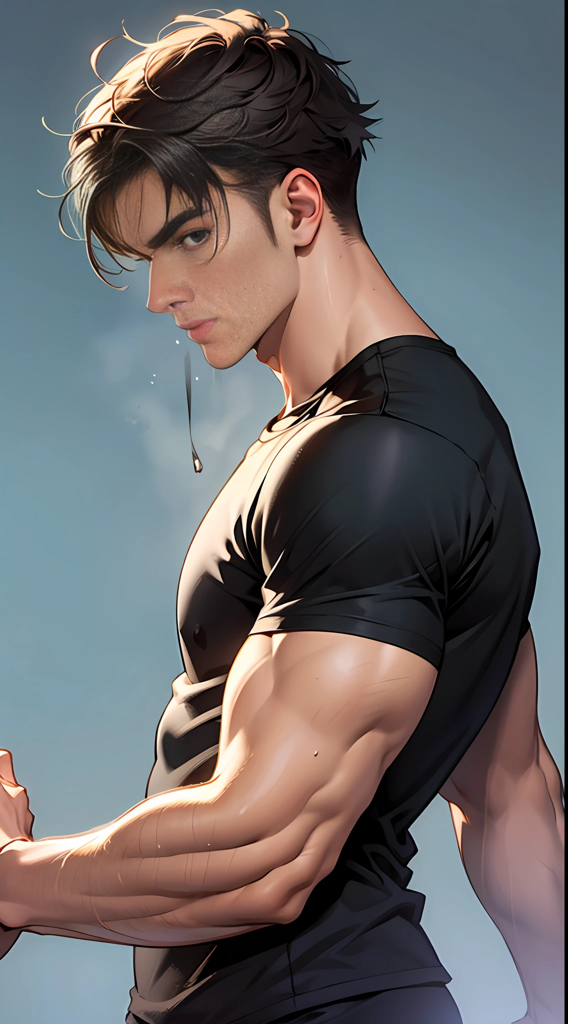 A tall, muscular man(mtu:1.2),The brunette wears a black T-shirt, 8K, Super detail, ccurate, Best quality