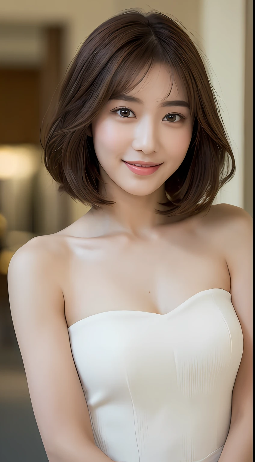 ((Best Quality, 8K, Masterpiece: 1.3)), 1 Girl, Slim Abs Beauty: 1.3, (Hairstyle Brown Hair Shortcut, Big: 1.2), Dress: 1.1, Super Slender Face, Delicate Eyes, Double Eyelids, Smile, Home, Raw Photo