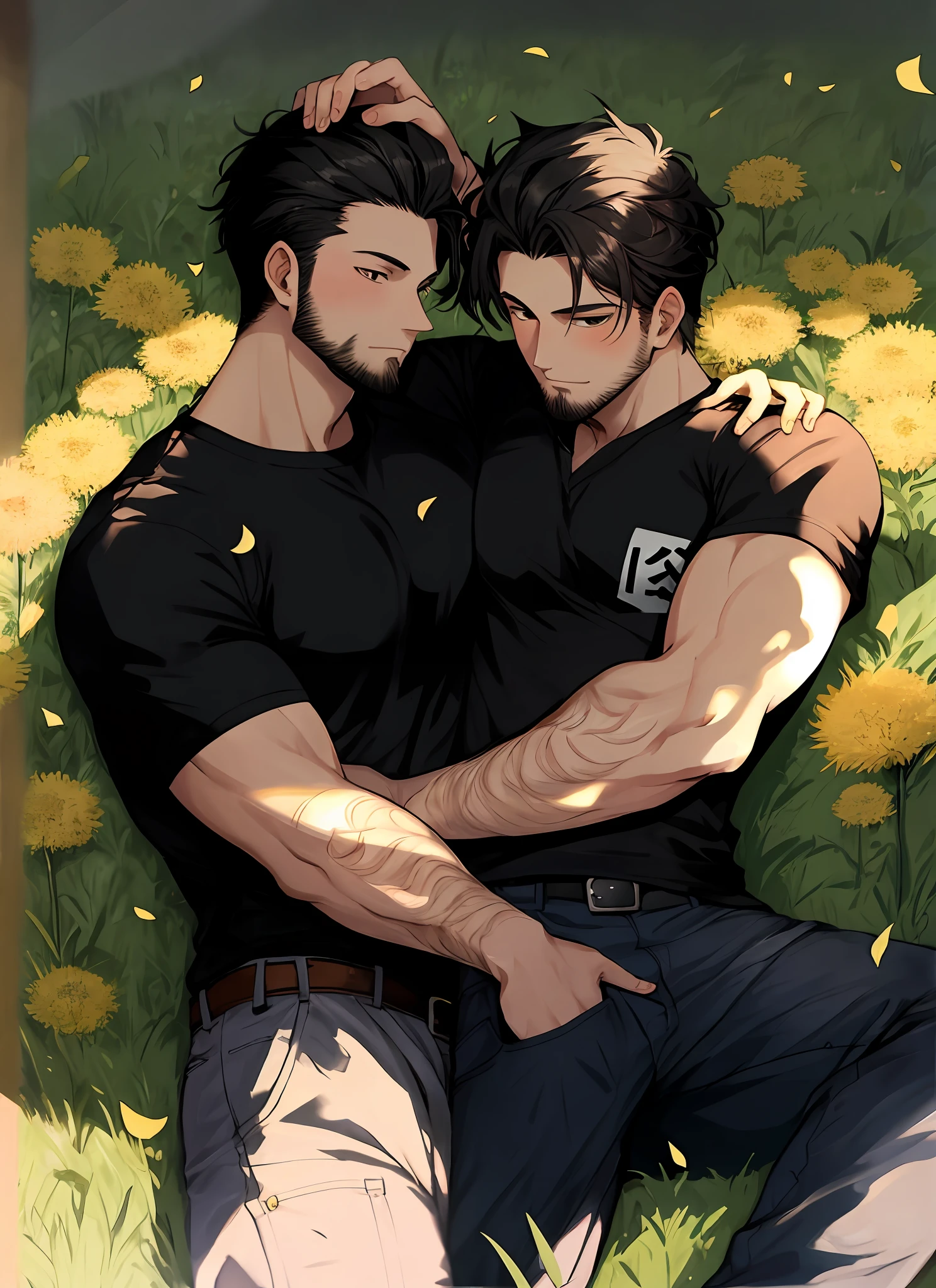 Young man lying down on a field of dandelions. Soft black hair, black pupils, south east asian ethnicity, casual clothes, athletic build, soft smile, faint blush, short black stubble facial hair, casual clothes. Anatomically correct body. Masterpiece. Conjoined Men. Siamese Twins. Two-headed men. 2heads. 2headed. Dicephalic parapagus Anatomy. Body Horror. Hands are placed on top of each other.