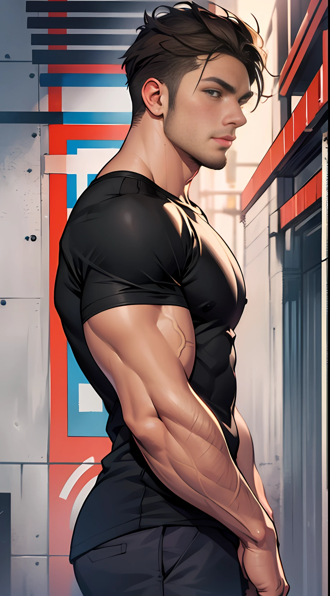 A tall, muscular man(mtu:1.2),The brunette wears a black T-shirt, 8K, Super detail, ccurate, Best quality