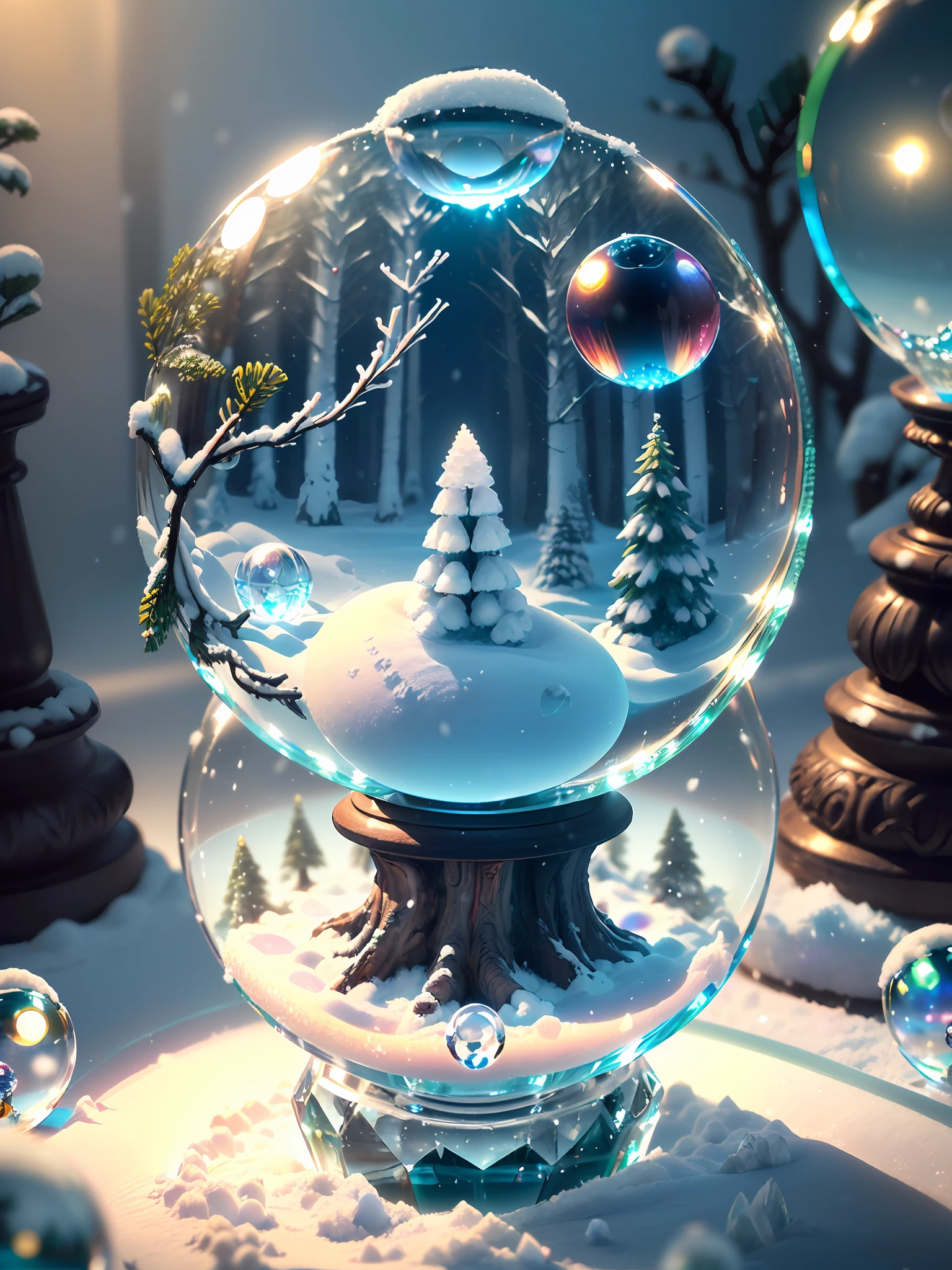 Hyper-realistic、16K High Resolution、(Maximum Sharp Focus:1.3)、(Maximum Close-up:1.5)、(Miniature forest buried in snow trapped in crystal ball with pedestal on table:1.7)、(icy、blue back light:1.5)、(milkyway:1.5)