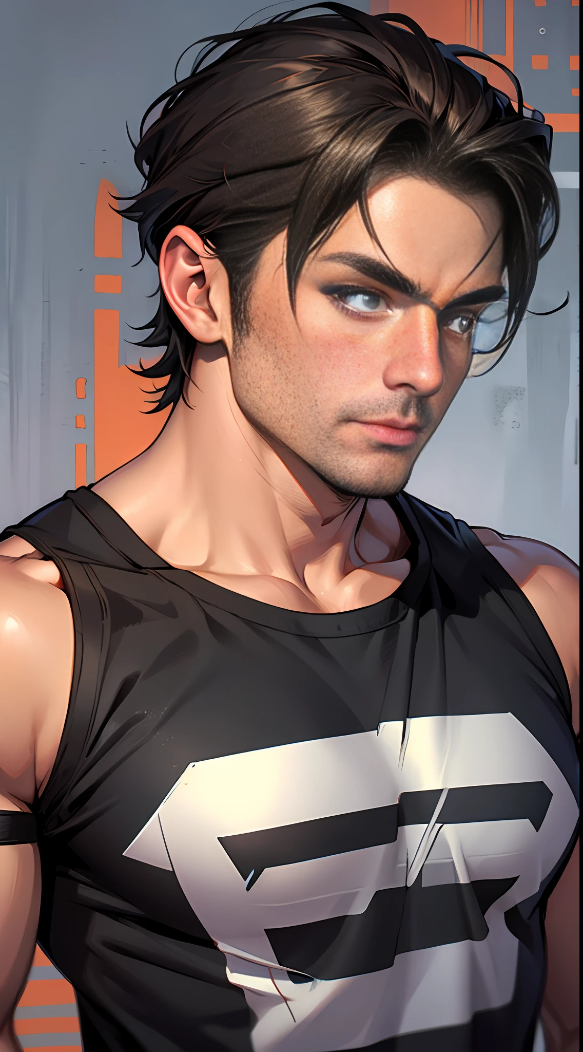 A tall, muscular man(mtu:1.2),The brunette wears a black T-shirt, 8K, Super detail, ccurate, Best quality