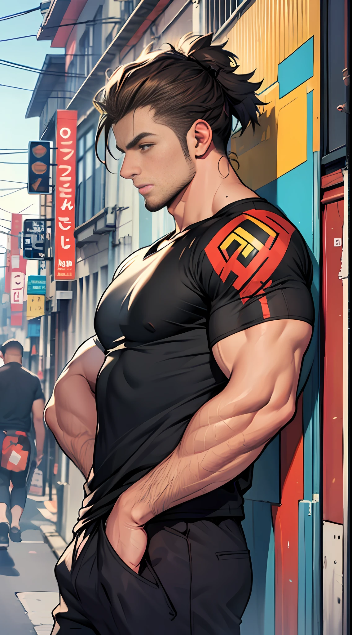 A tall, muscular man(mtu:1.2),The brunette wears a black T-shirt, 8K, Super detail, ccurate, Best quality