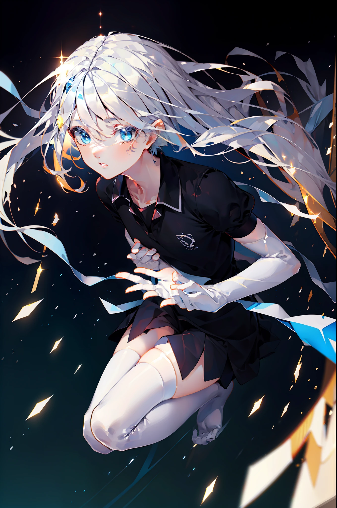 巨作, Best quality, 巨作,Best quality,offcial art,Extremely detailed CG unity 8k wallpaper, crepuscular, strong rimlight, intense shadow, Game_CG, girl, hair between eye, Blue eyes, Small breasts, tsurime, Long hair, White hair,serafuku,fullllbody,,metal halo,a glowing halo,floating in air，Flowing hair，Blue sky