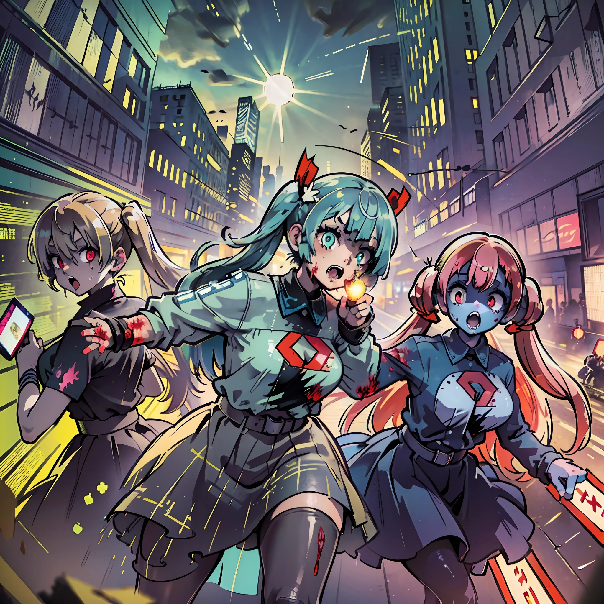 (award winning 8k concept art:1.3) of (three young woman attacking the viewer, open mouth, many zombies, crowd:1.3), extremely detailed background, biting, darkness, flash, close to camera, sweet, front, epic, (masterpiece:1.4), (best quality:1.4), Amazing, beautiful, finely detailed, (Depth of field:1.4), 8k, fine art, stunning, (light reflections:1), (crisp:1.6), red twin tails, vibrant, (edge detection:1.4), absurdres, impressive, 120mm, clear, lens flare, wide shot, wide angle, colorful, scenery