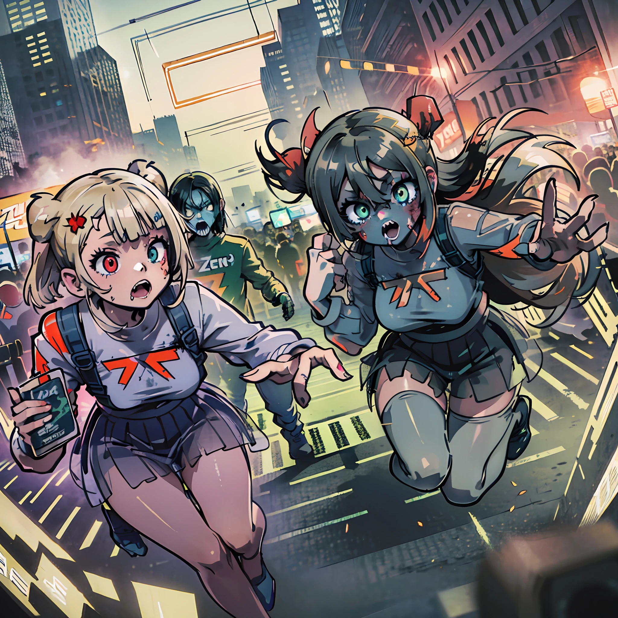 (award winning 8k concept art:1.3) of (three young woman attacking the viewer, open mouth, many zombies, crowd:1.3), extremely detailed background, biting, darkness, flash, close to camera, sweet, front, epic, (masterpiece:1.4), (best quality:1.4), Amazing, beautiful, finely detailed, (Depth of field:1.4), 8k, fine art, stunning, (light reflections:1), (crisp:1.6), red twin tails, vibrant, (edge detection:1.4), absurdres, impressive, 120mm, clear, lens flare, wide shot, wide angle, colorful, scenery